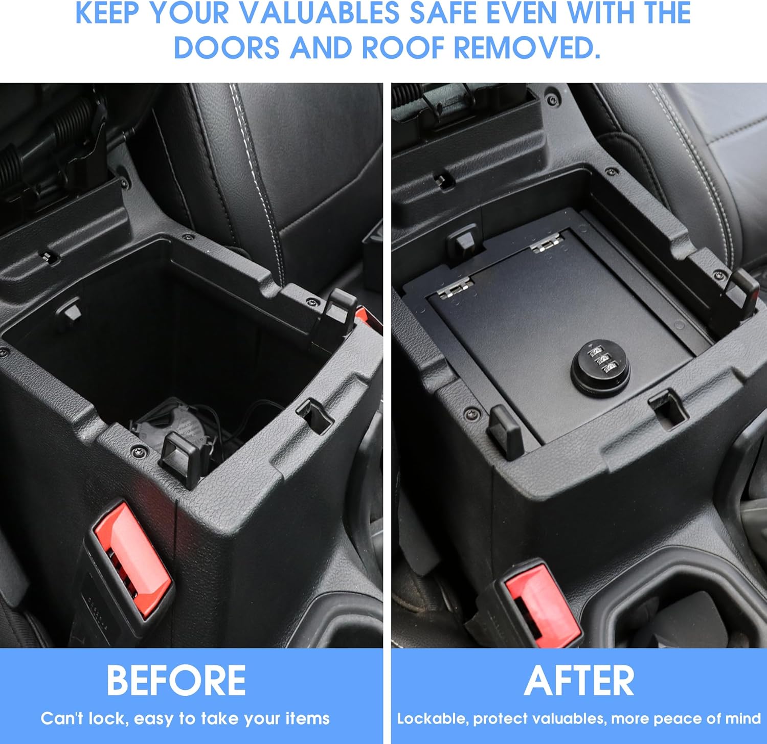 Center Console Gun Storage Gun Safe Console Vault Locking Storage Box for 2018-2023 Jeep Wrangler JL 4XE Gladiator JT Accessories, Armrest Storage Box with 3 Digit Password Lock
