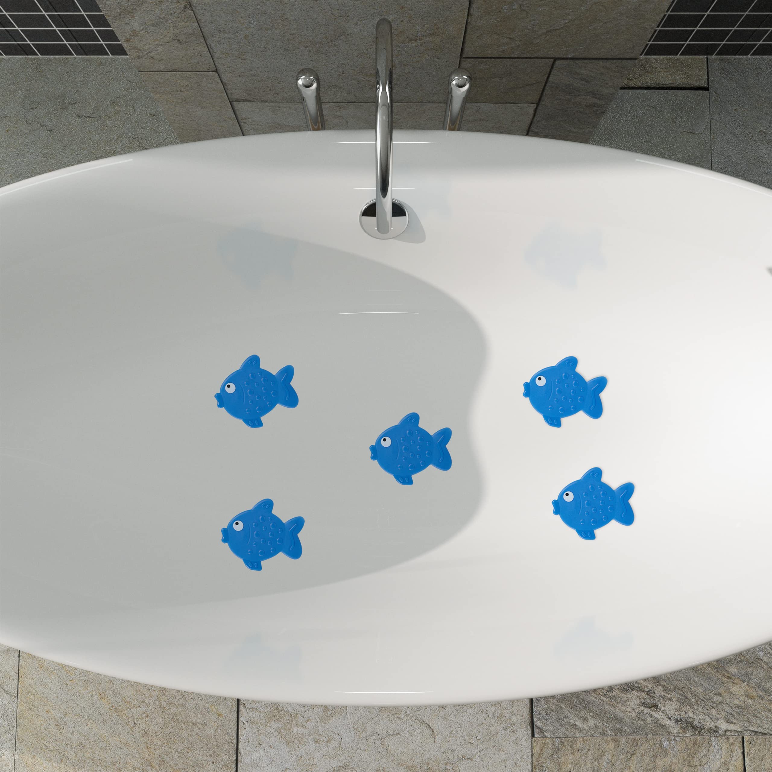 Relaxdays Adesivi Antiscivolo Doccia, Pad per Vasca da Bagno per Bambini, Set 5 Sticker a Pesce, con Ventose, Blu