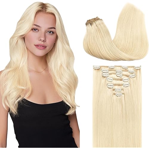 GOO GOO Clip in Hair Extensions Real Human Hair, Remy Human Hair Extensions Clip ins for Women, Natural Human Hair, 18inch 120g 7Pcs, 613R Bleach Blonde