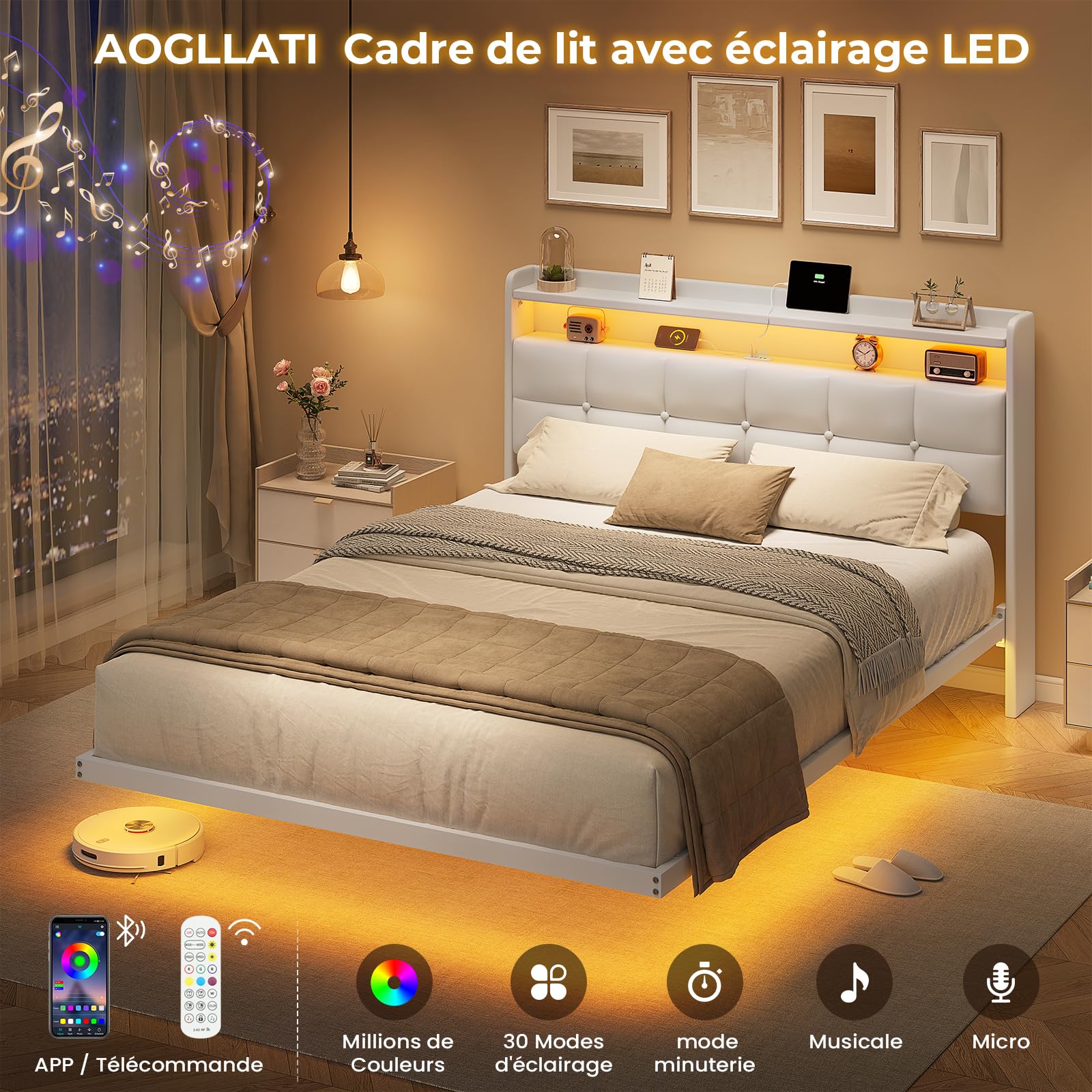 AOGLLATI Lit Flottant,140×190 CM, Cadre de Lit avec Éclairage LED, Multiprise, Tête de lit avec Rangement, Structure Stable, Pas Besoin de Sommier, PU, Blanc