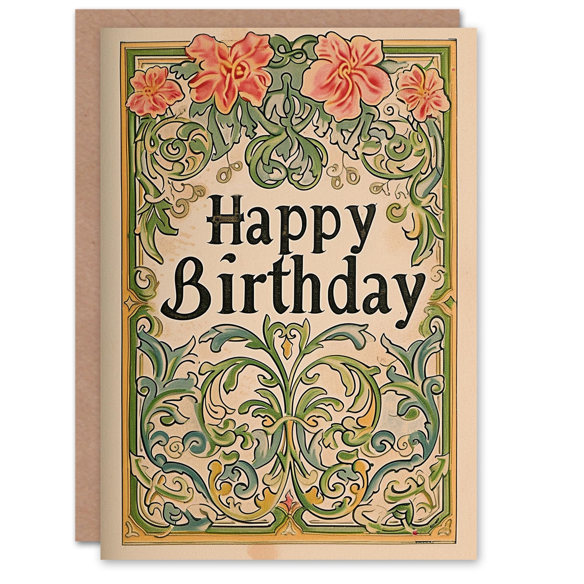 Artery8 - Women's Birthday Card - Vintage Arabesque Pattern Flowers - Beige