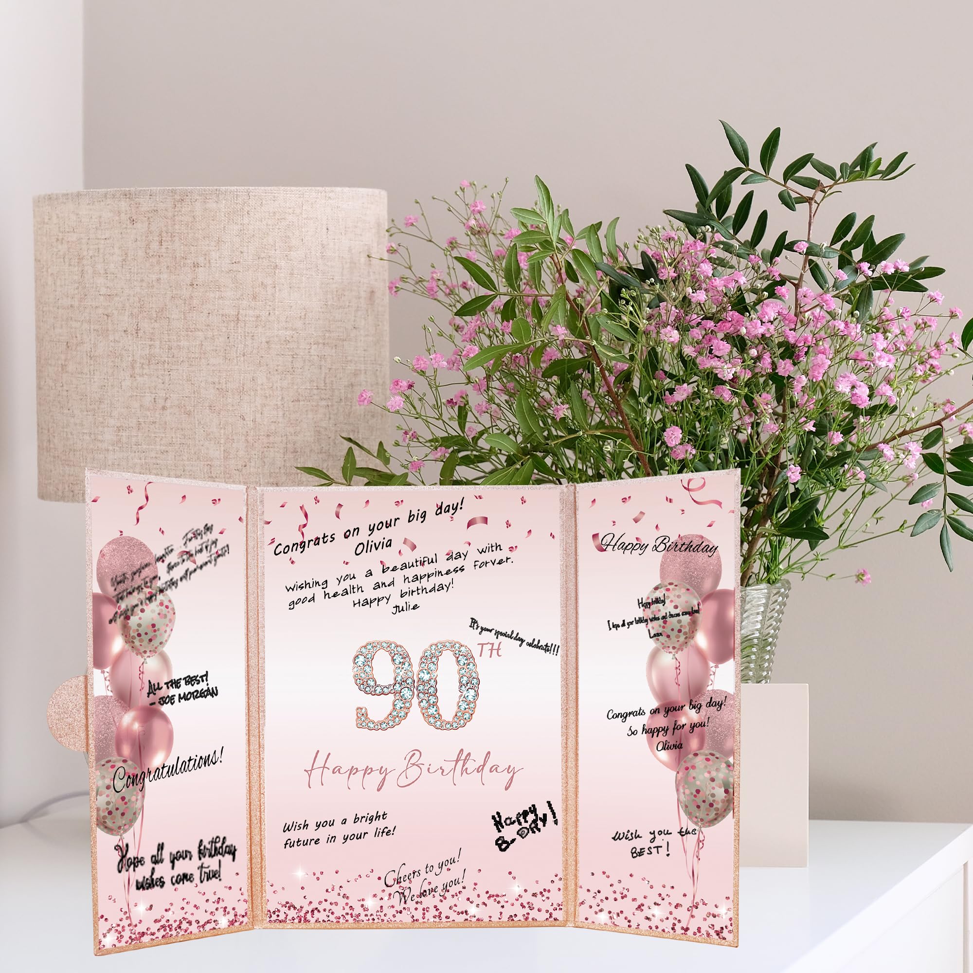 DARUNAXY Decoraciones de fiesta de cumpleaños 90 de oro rosa, libro de invitados alternativo de feliz 90 cumpleaños para mujeres, regalos de felicitación rosa a 90 años, suministros de fiesta