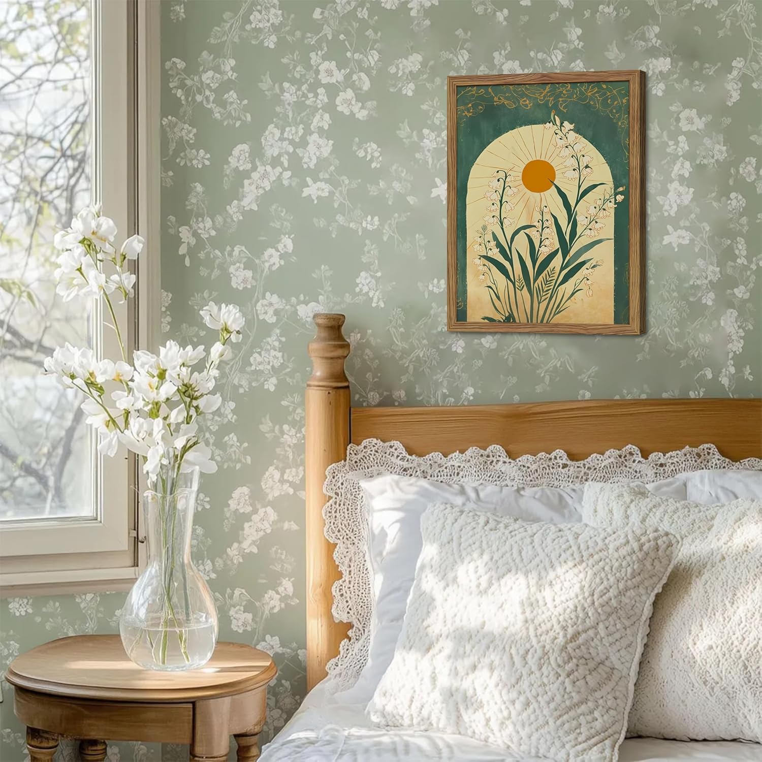 Framed Boho Wall Art, Lily of the Valley Emerald Green Sun Canvas, Mystical Country Botanical Wall Decor, Spiritual Flowers Poster Pictures Print for Bedroom Living Room – 12x16 inch