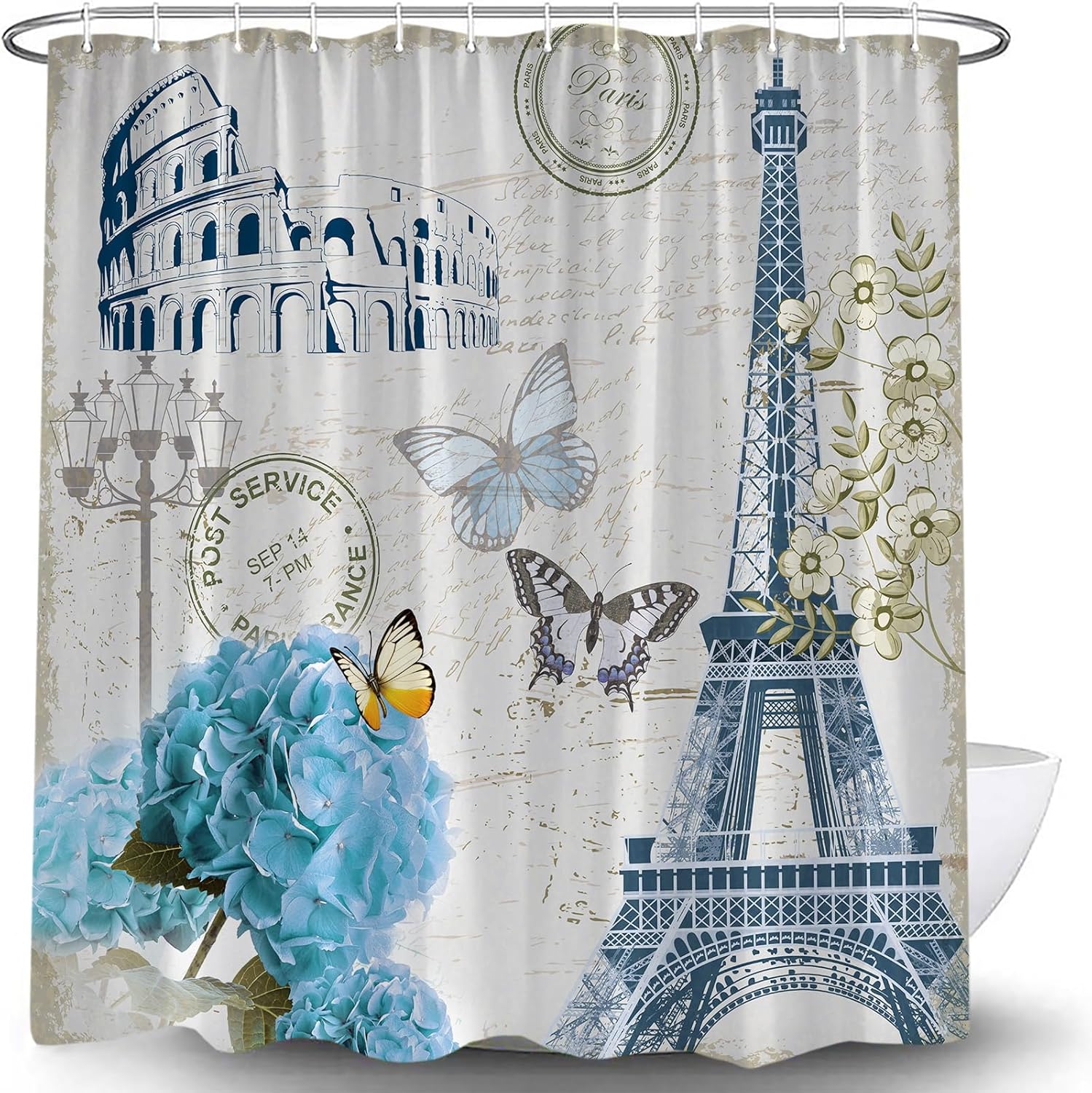 Generic Paris Eiffel Tower Shower Curtain Vintage French Blue Floral Hydrangea France Romantic Blossom Butterfly Retro Car Europe Postmark Envelope Fabric Bathroom Curtain Set with Hooks