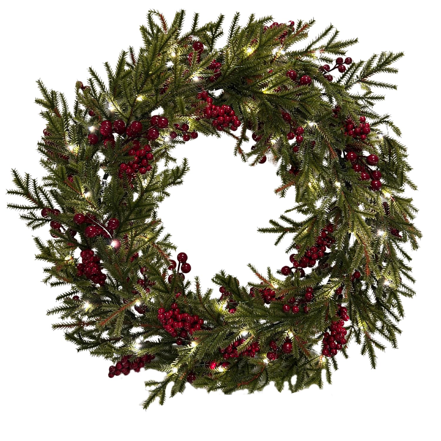 GreenBrokers Pre-Lit Christmas Wreath Pine Effect Red Berries 56cm Green