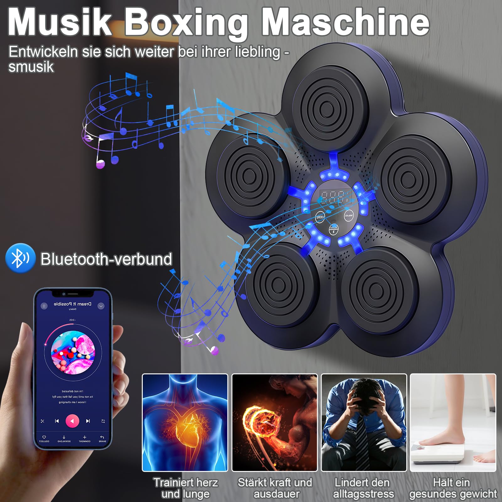 Machine de Boxe Musicale, LED Boxe Mural Musique Bluetooth avec Gants, 9 Niveaux de Vitesse et Plusieurs Modes de Frappe, Montage Murale, Appareil de Boxe pour Adultes et Enfants, Anti-Stress
