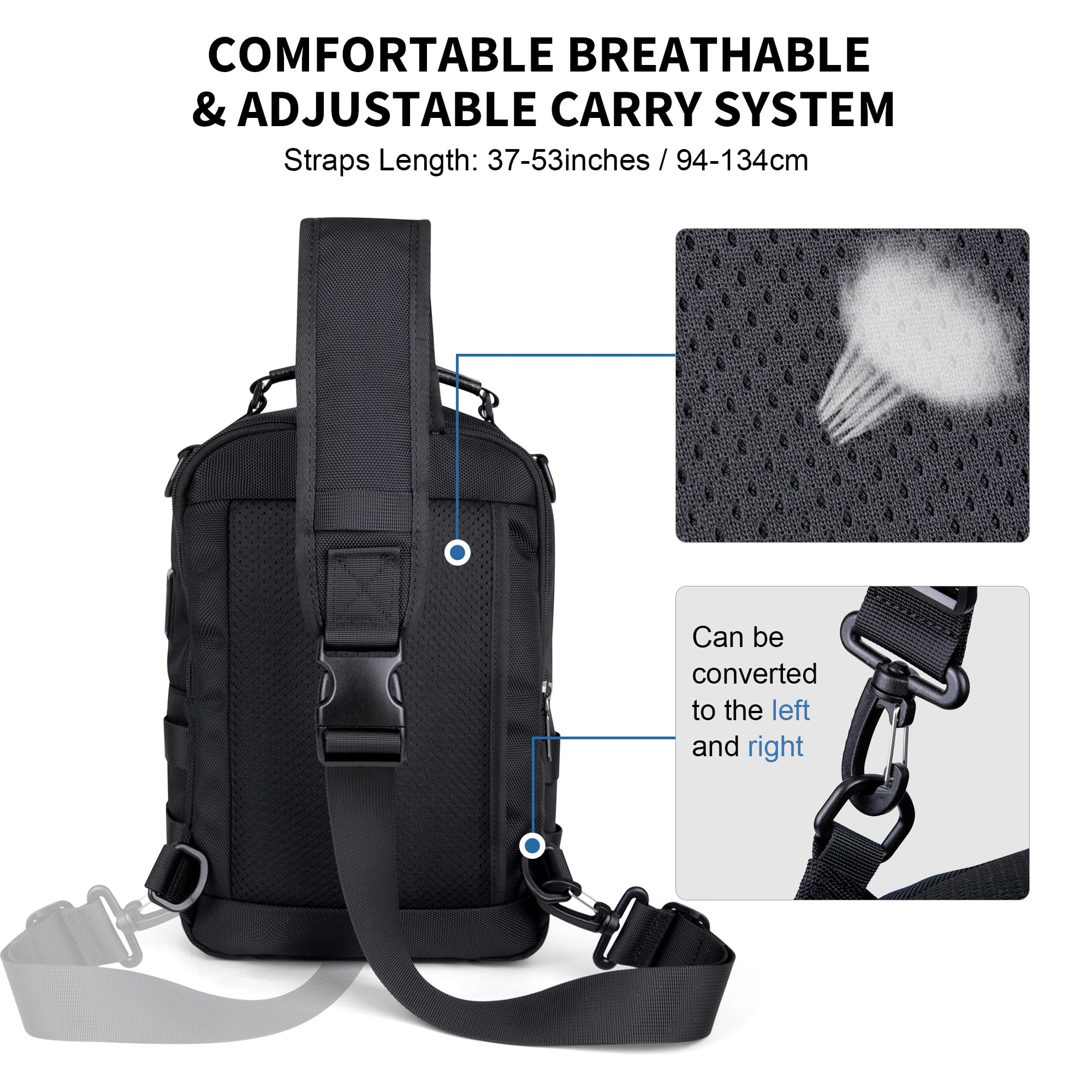 WITZMAN Umhängetasche für Herren 9L Große Sling Bag mit USB-Ladeport