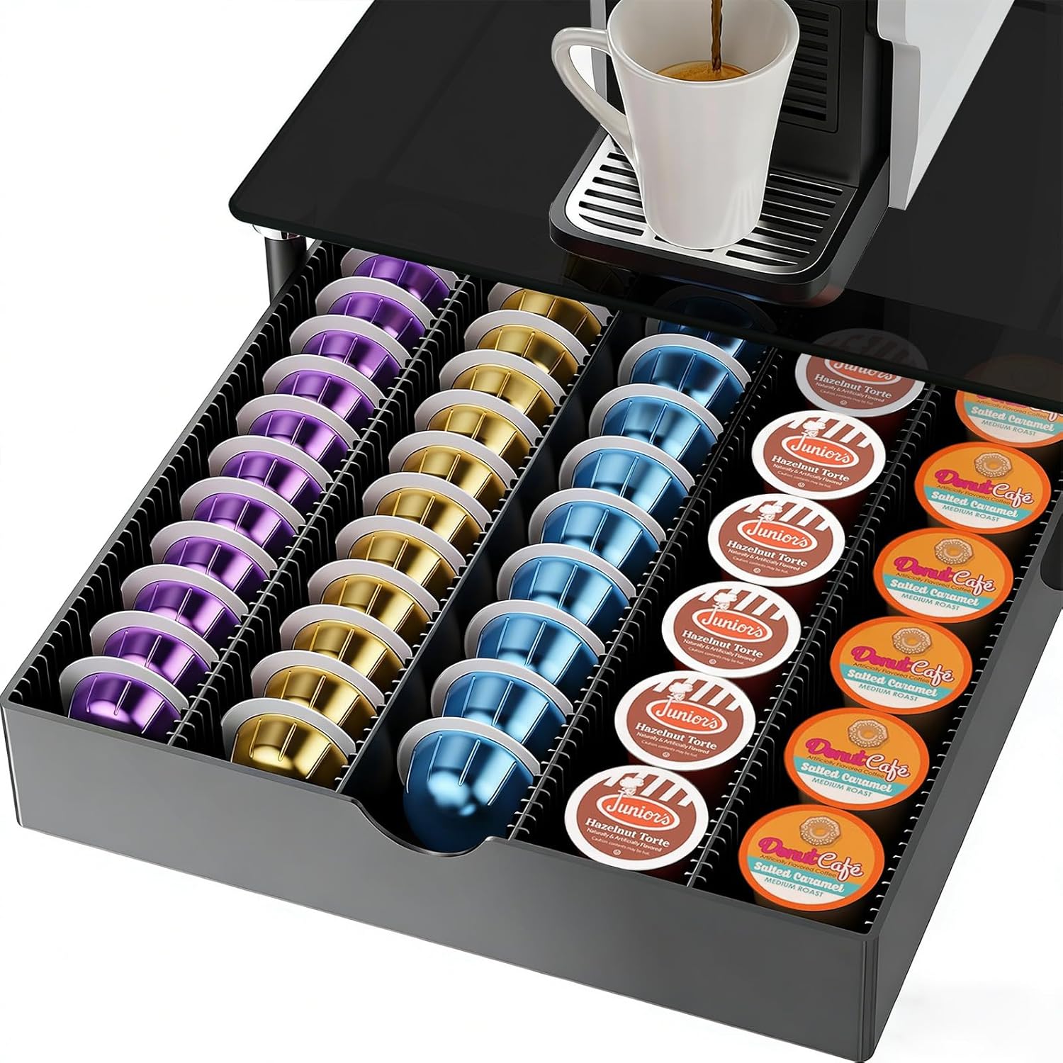 gianotter Crystal Tempered Glass Vertuo Pod Holder Drawer, Compatible with Nespresso Vertuo Capsules, Compatible with 40 Large or 60 Small Nespresso Capsule Organizer (Black)