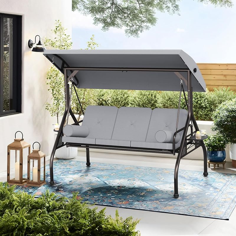 Oakcloud 3-Seat Outdoor Porch Swing with Adjustable Canopy, Large Converting Swing Chair, Patio Swing Glider with Pillows & Thick Cushions for Poolside Balcony Backyard (Grey) image 6