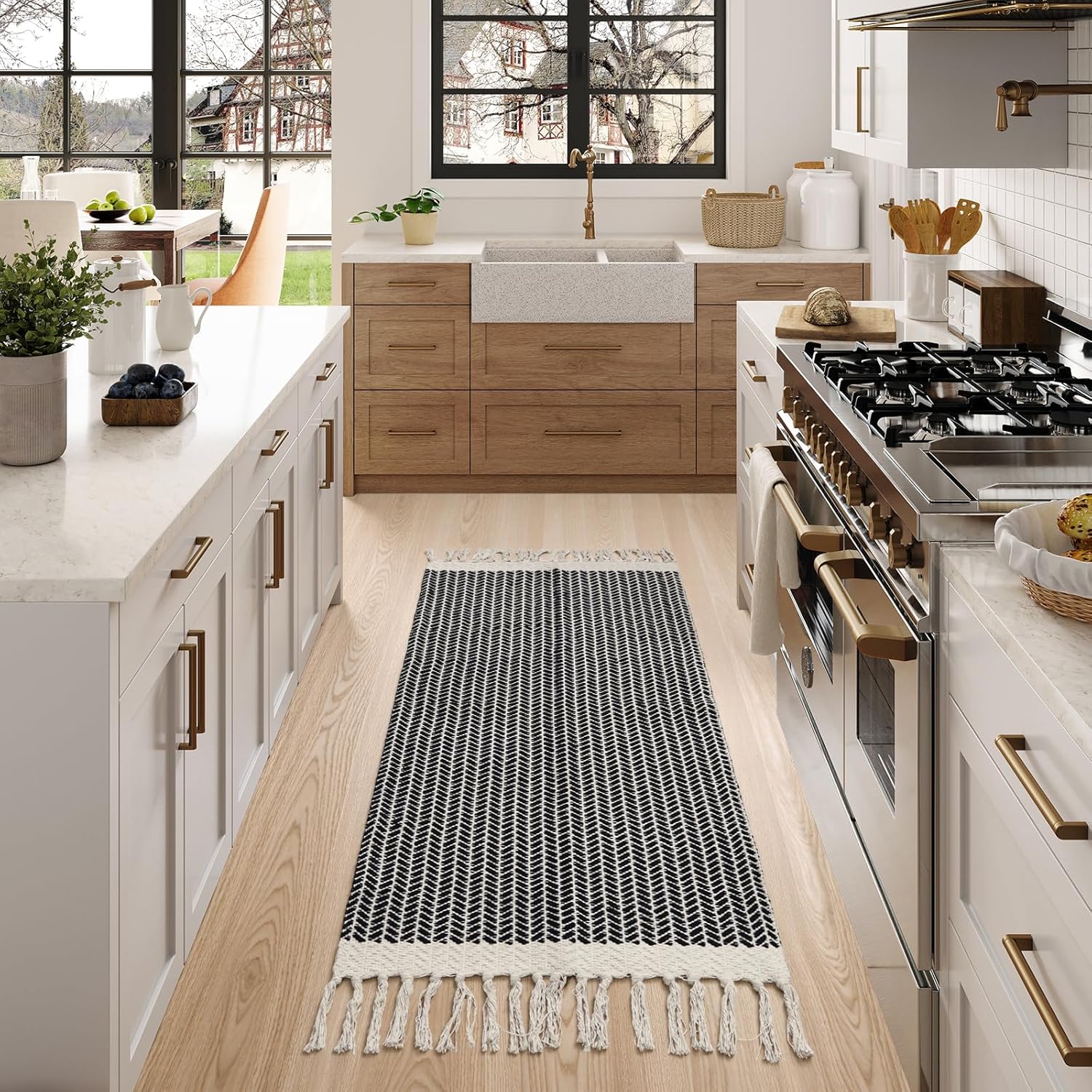 Lahome Belle Boho Kitchen Runner, 2x4.3 Bathroom Runner Rugs Lightweight Entryway Rug Woven Cotton Throw Mat with Tassels, Farmhouse Non Shedding Washable Black Low Pile Runners for Bedroom Doorway