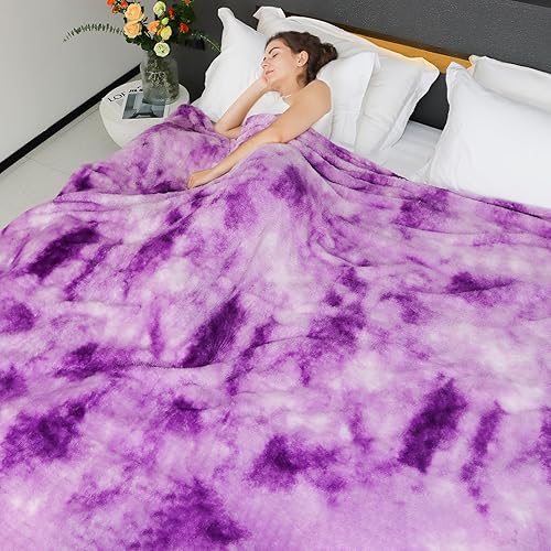 Miniatura 3 de MUGD Mantas suaves mullidas de forro polar para cama individual, manta cálida para cama Morado y blanco