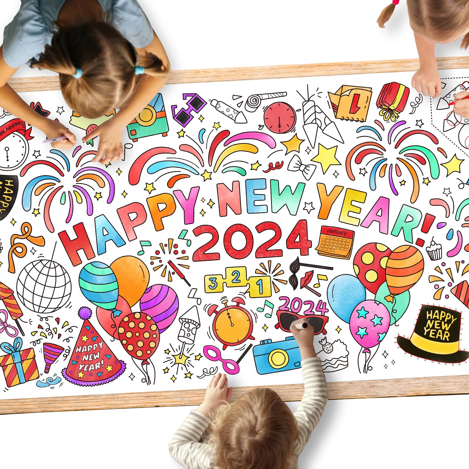 Giant Coloring Poster for Classroom Wall - Versatile 30 x 72 Inches Happy New Year Activity Poster/Table Cover, Perfect for School Parties, Happy New Year Party and Special Events Decoration