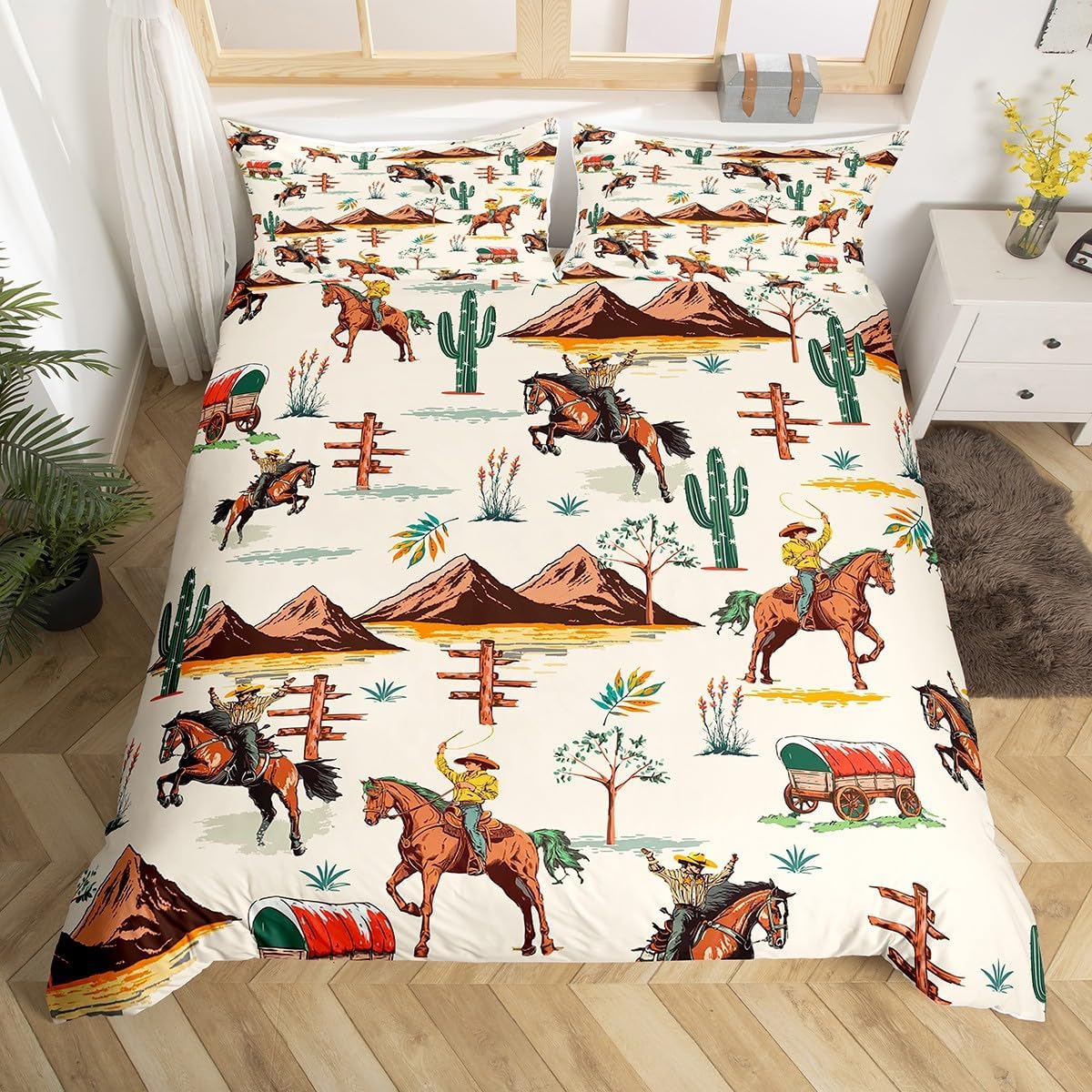 Feelyou Western Decor Duvet Cover Boys Girls Toddler Size Wild West Cowboy Bedding Set For Kids Women Men Rodeo Cowboy Style Comforter Cover Set Horse Bedspread Cover Galloping Horse Bedclothes Zipper
