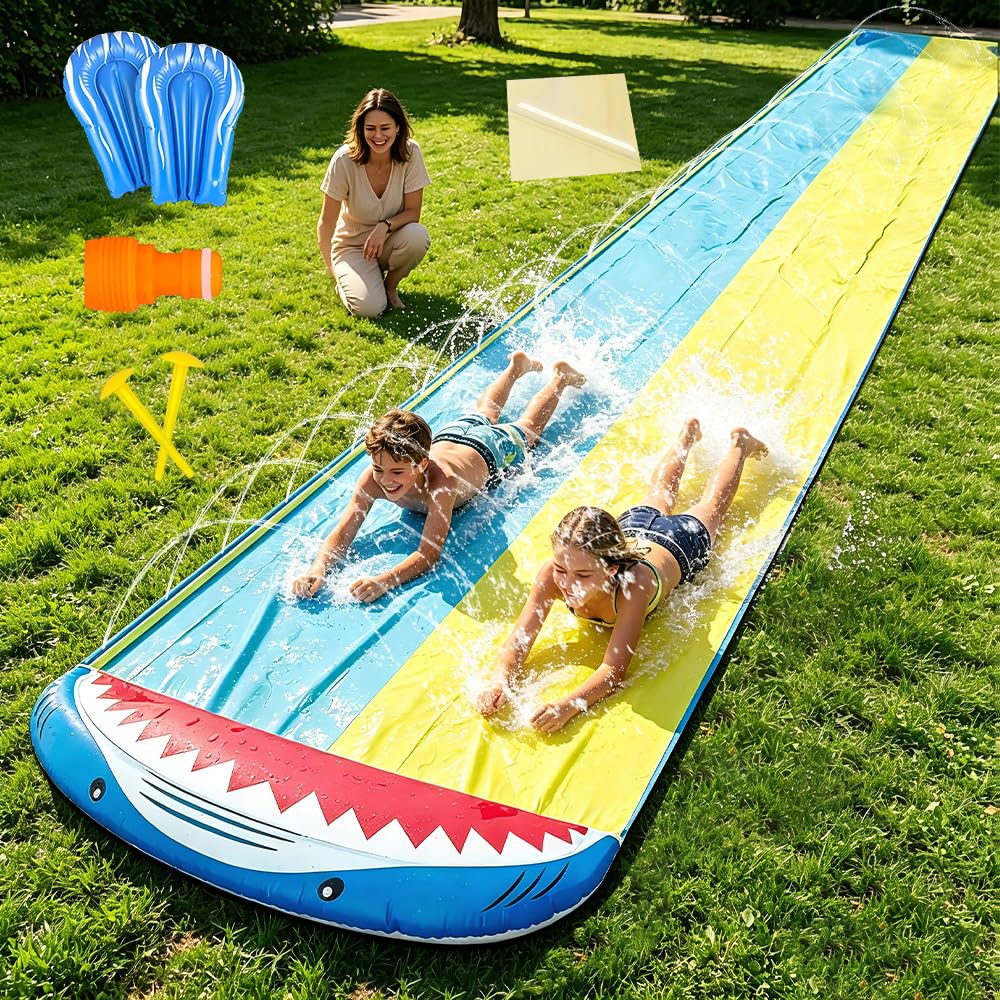 Scivolo d'Acqua 480 cm Doppio con 2 Bodyboard Irrigatore Integrato Resistente per Prato Giardino Giochi all'Aperto