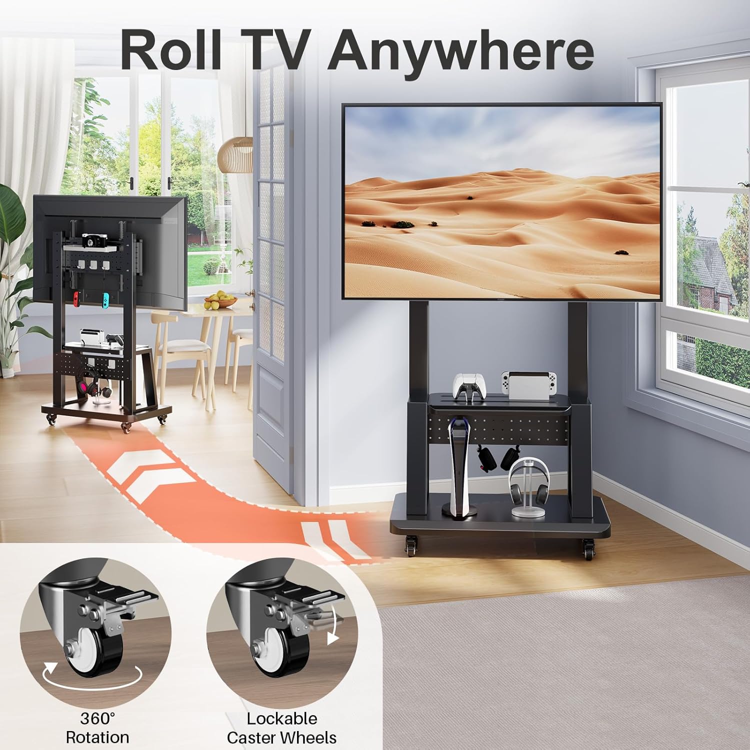 Mobile TV Cart Rolling TV Stand with Pegboard Storage for 32-80 Inch Screens up to 220 lbs, Height Adjustable Heavy-Duty Portable Floor TV Stand on Lockable Wheels with Shelf Max VESA 600x400mm