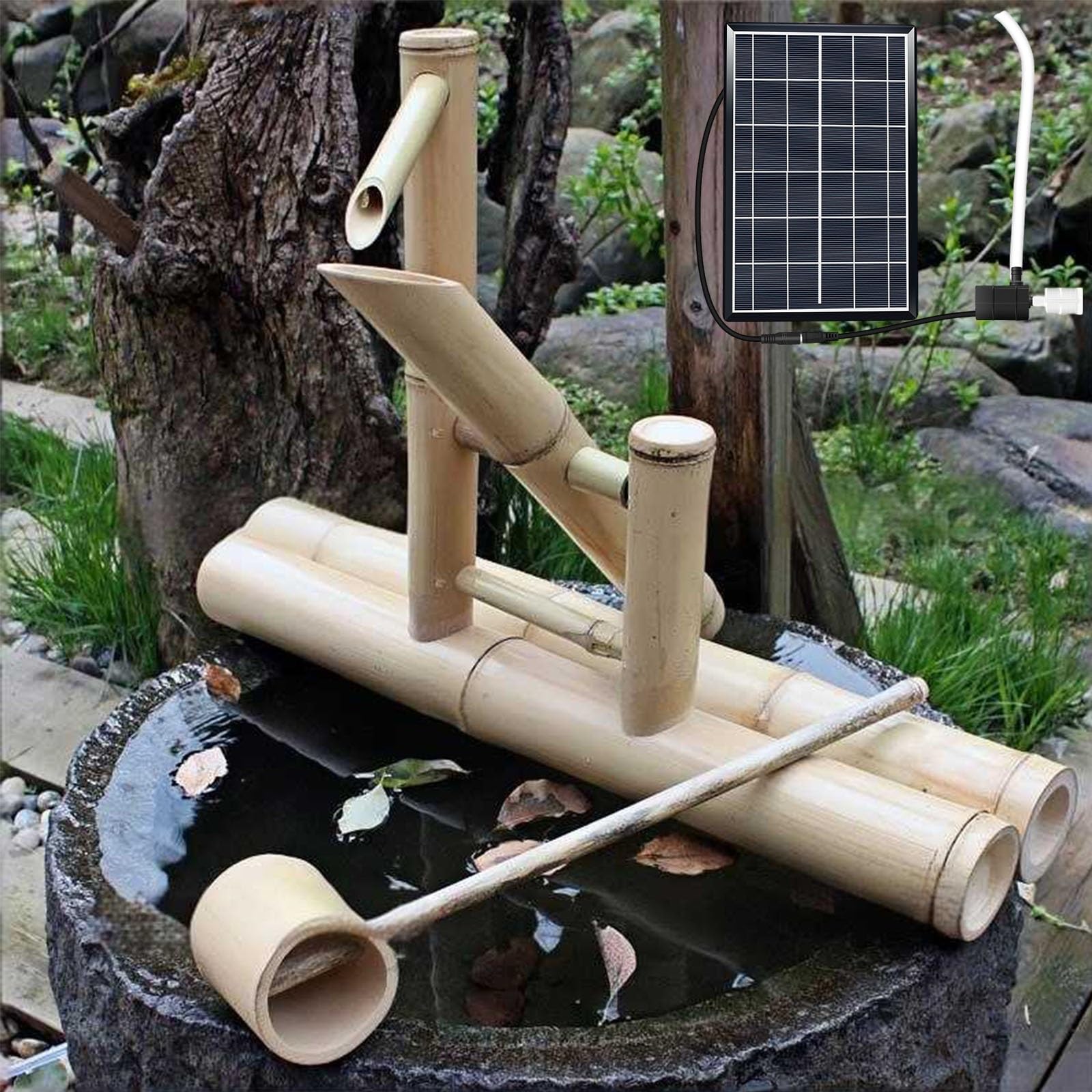 Outdoor Bamboo Fountains, Solar Bamboo Fountain With Pump, Stepped Water Flow, Handcrafted Garden Water Feature for Patio Backyard Pond Balcony Decor