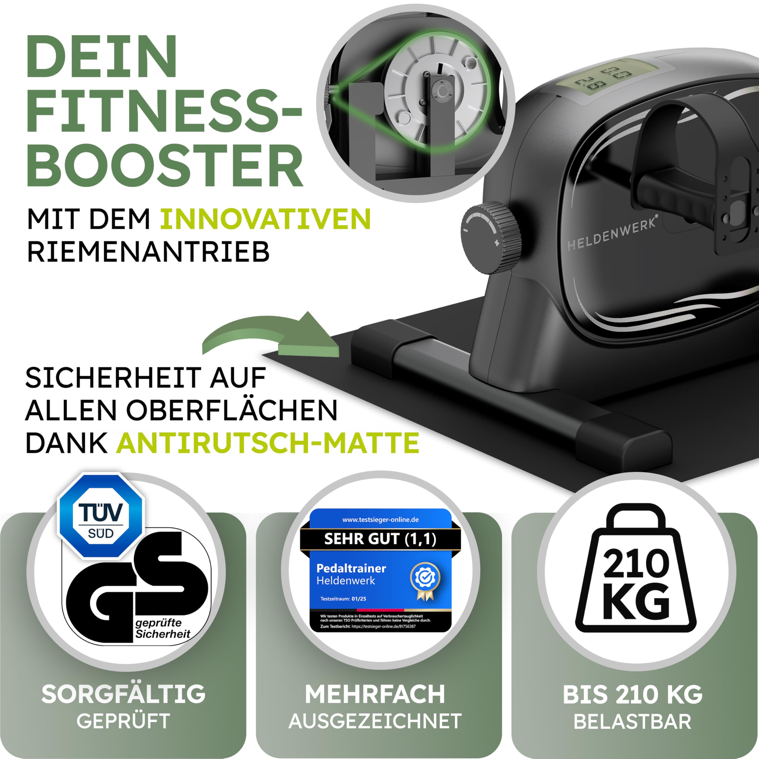 HELDENWERK Kit d'entraînement à pédales certifié TÜV/GS avec sangle de fixation et tapis antidérapant – Pédalier d'entraînement pour seniors
