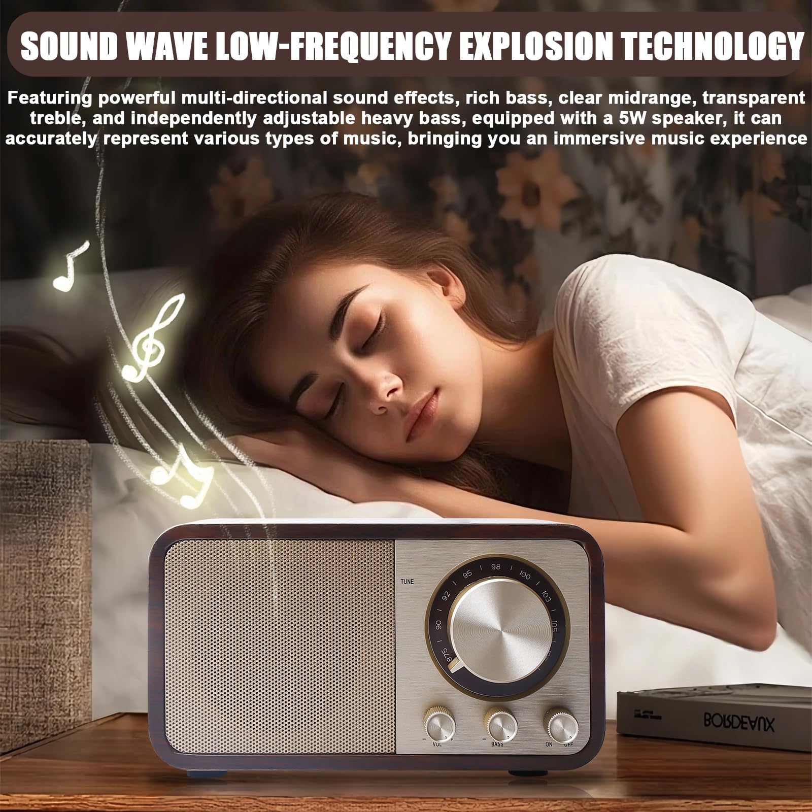 Radio retro con Bluetooth, radio nostálgico recargable con batería de 1500mAh, USB/tarjeta TF/AUX, altavoz de 5W con aspecto de madera vintage para cocina/dormitorio/oficina