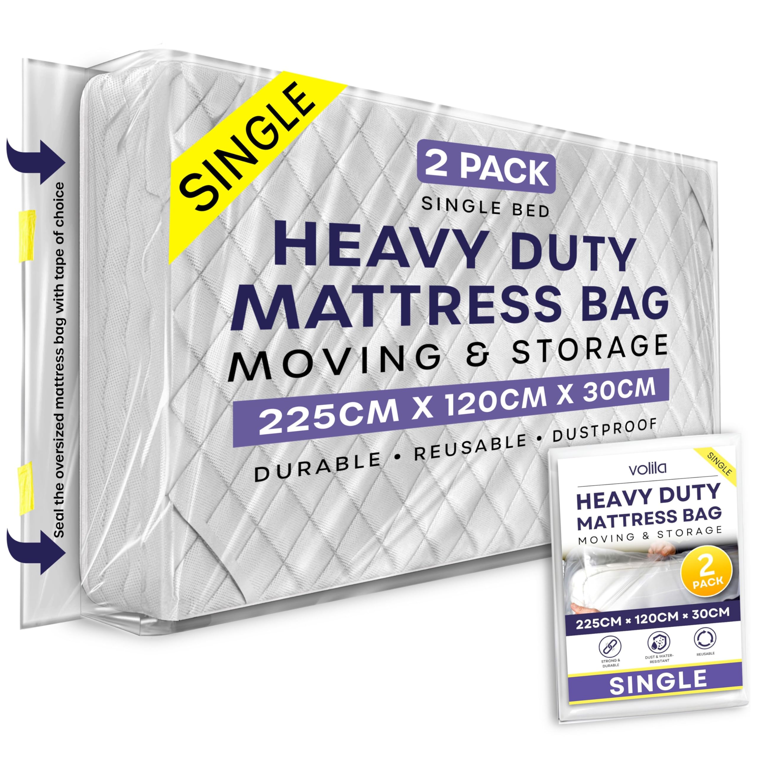 Volila 0 Single Heavy Duty Mattress Cover For Moving - 2 Pack Reusable Waterproof Mattress Bags For Moving, Storage And Protect Beds From Stain, Dust, And Pest Damage - 225 X 12 X 30Cm Mattress Bag (92.5Gsm)