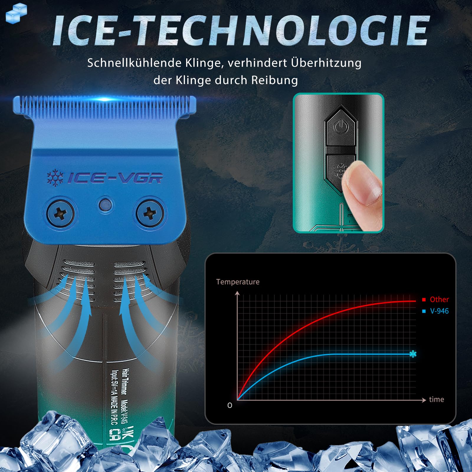 VGR 946 Haarschneidemaschine Profi für Männer, Kabelloser Trimmer Herren | Klinge Aus Blauem Keramikpulvermetallurgisch und Kühlfunktion, Haartrimmer Herren mit 8000 U/Min Motor und LED Display