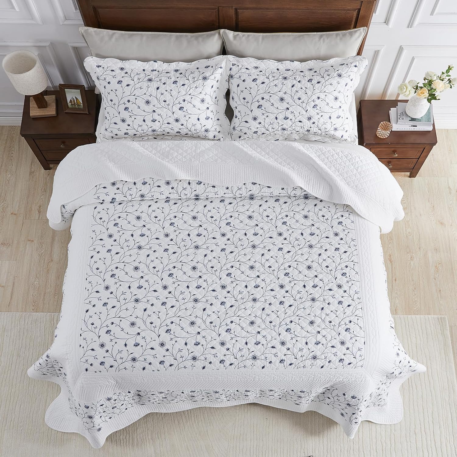 Oversized King Bedspreads 120x120 - California King Quilt Sets, Lightweight Thin Comforter, 3-Piece Farmhouse Floral Printed Scalloped Edge Reversible Bedding Coverlet, 100% Cotton, Blue/White