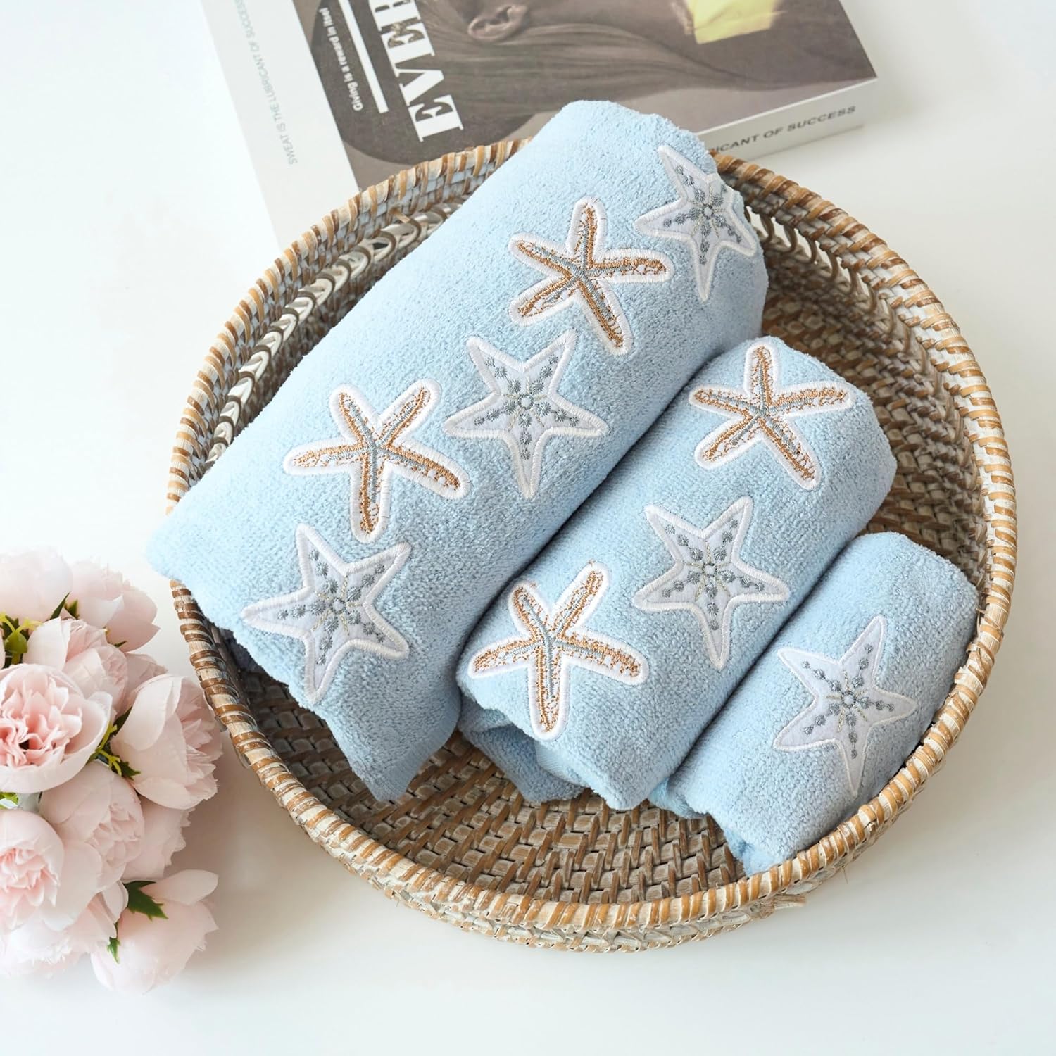 Marina Decoration Premium Luxury Decor Ultra Soft 100% Cotton Embroidered Bathroom Modern 3 Piece Towel Set, Starfish with Blue Base Pattern