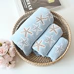 Marina Decoration Accueil Premium Decor de luxe Ultra Doucement 100% Serviettes de coton Toile de bain brodée moderne 3 Ensemble de serviettes de bain, Starfish avec motif de base bleue