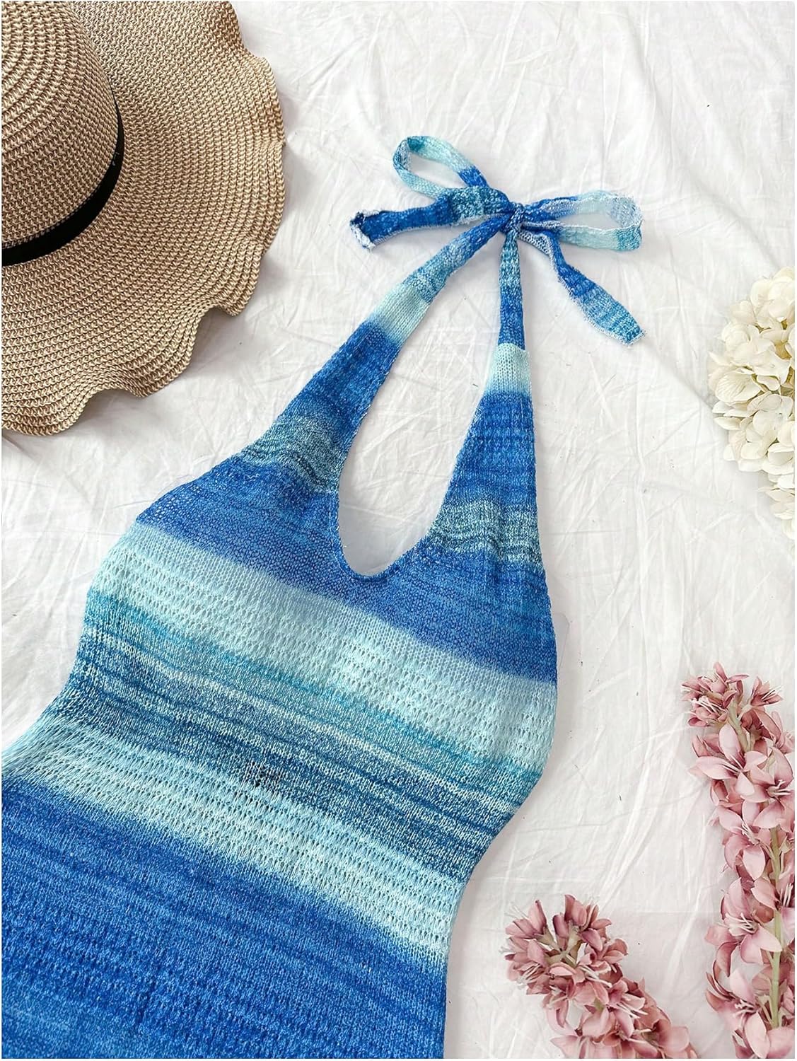 GORGLITTER Women's Crochet Halter Mini Dress Cut Out Colorblock Backless Knit Summer Vacation Beach Cover Up Sundresses - Image 2