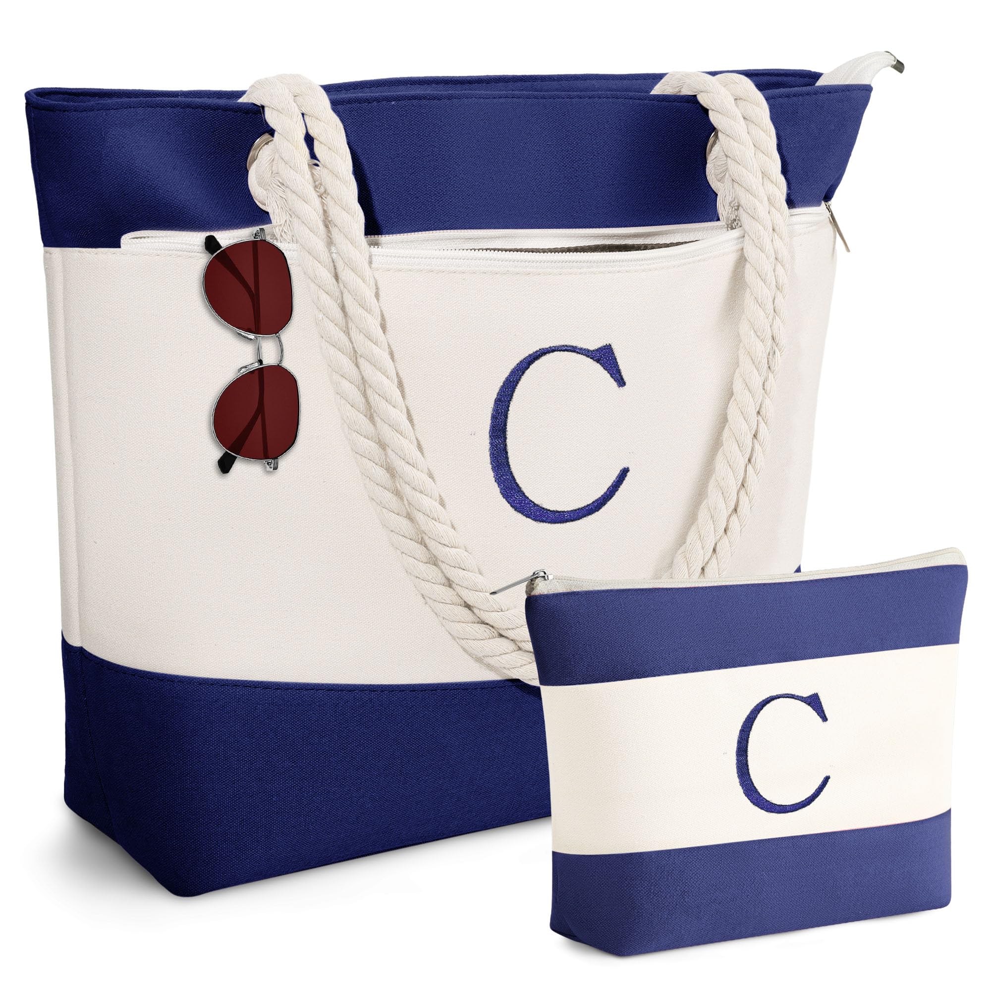 YOOLIFE Christmas Gifts for Women - Personalized Initial Canvas Beach Bags for Women Gifts for Mom Teacher Friend Birthday