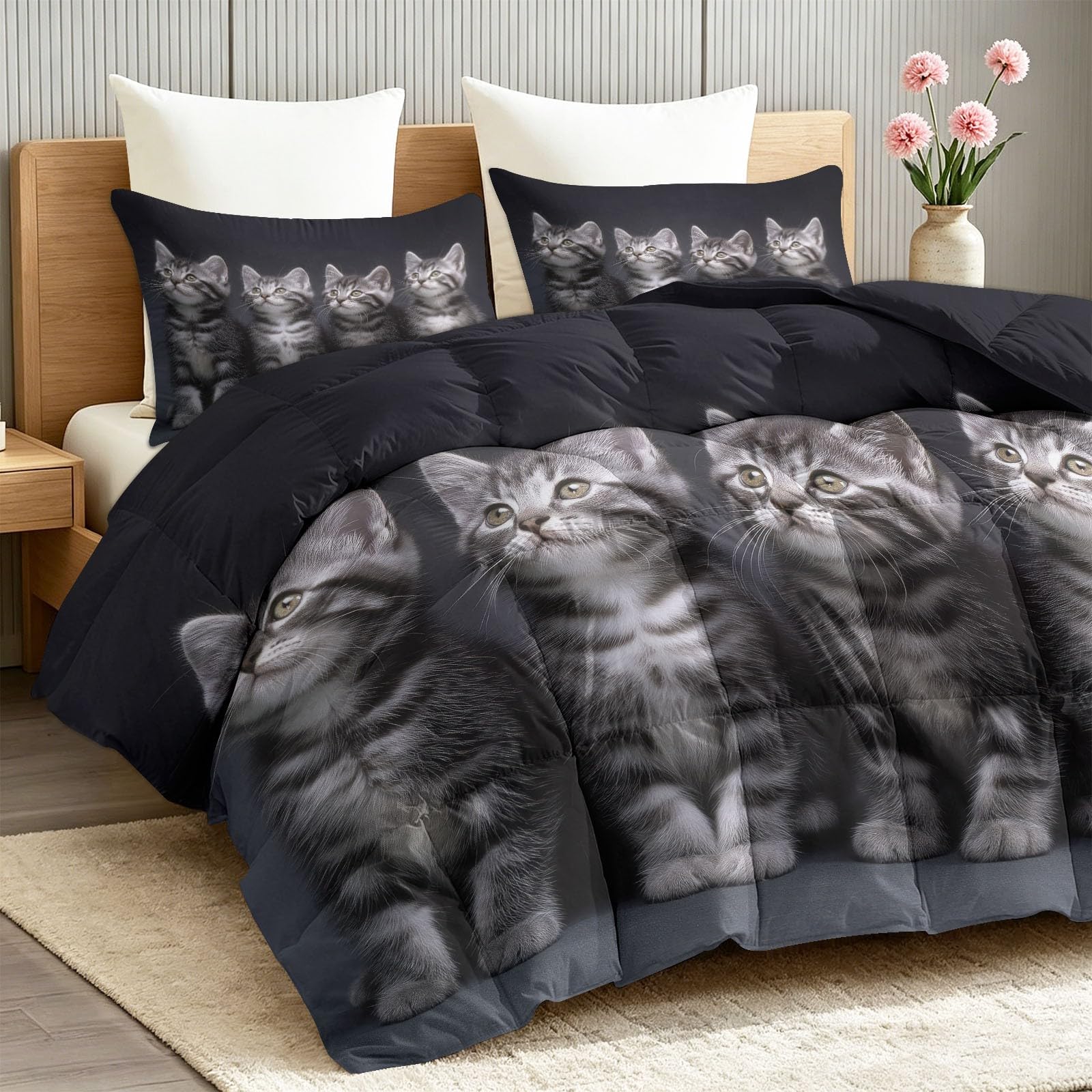 Bettdecke ohne Bezug 135 x 200 cm Set, Haustier Kätzchen Waschbare Ganzjahresdecke, Modern Silber Getigert Tier Katze Wendebettdecke Verstärkte 3 teilige - Dunkelgrau 4 Jahreszeiten Schlafdecke
