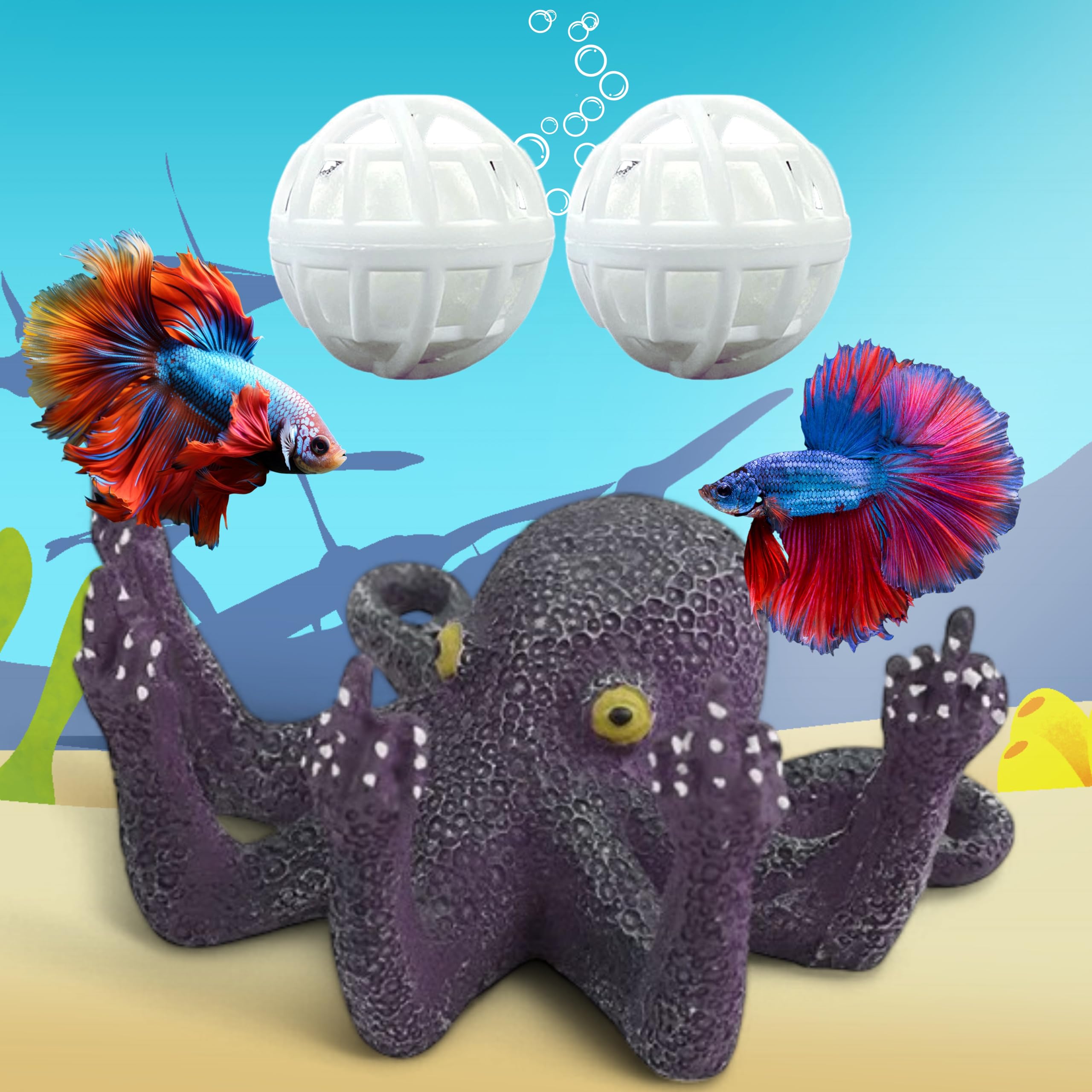 Homedy Crafts Glow in The Dark Octopus Aquarium Statue and 2 Pcs Nitrifying Balls, Funny Resin Luminous Octopus Fish Tank Decorations, Decorative