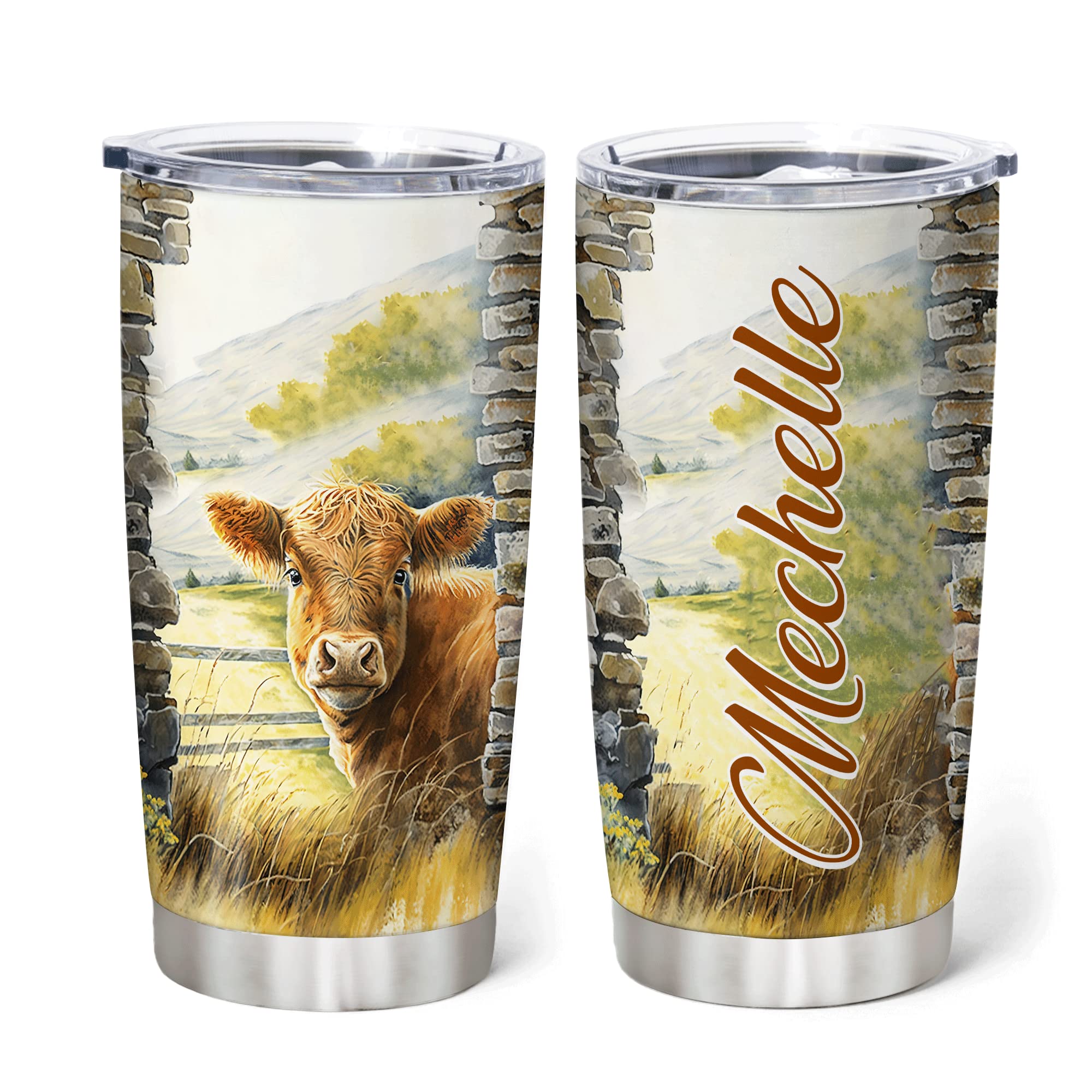 Hyturtle Personalized Gifts For Highland Cow Lover - Highland Cow Customized Name Stainless Steel Tumbler 20oz With Lid - Idea Farm Animals Lover Gifts For Women, Girl, kids On Birthday, Christmas