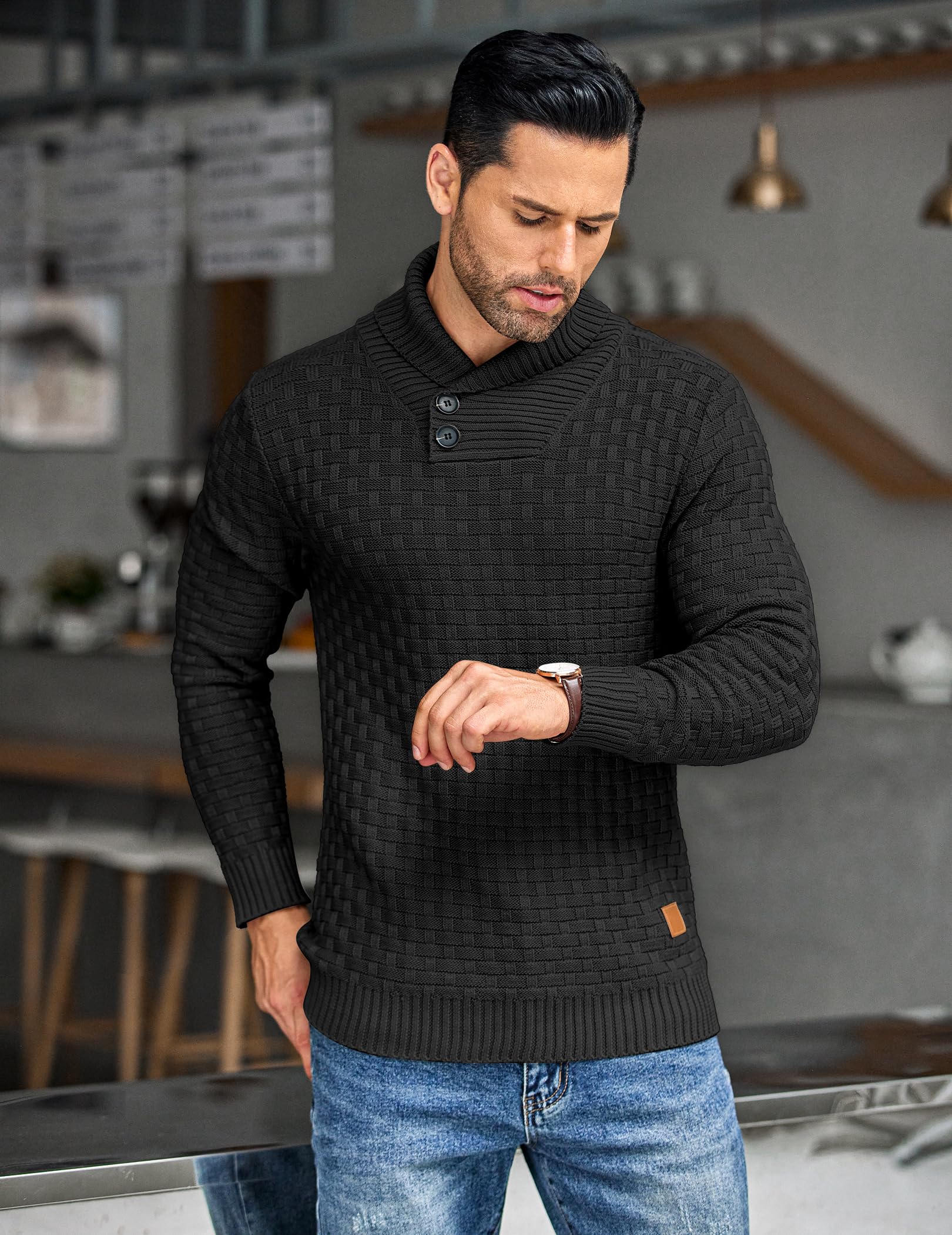 COOFANDY Maglione da uomo con collo a scialle maglione casual slim fit pulsante strutturato maglioni lavorati a maglia