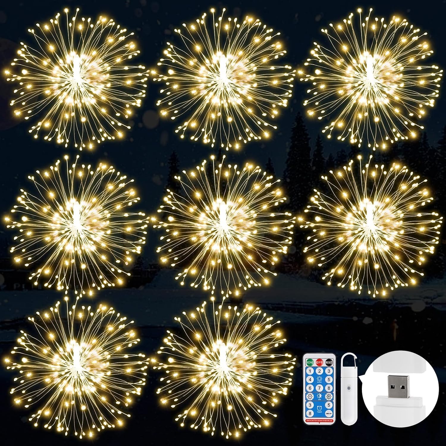 Fuochi d'artificio Luci, USB Luci Alimentato con Telecomando, 8 pezzi 8 Modalità Filo di Rame Luci Stringa per Decorazione di Giardino di Festa di Nozze