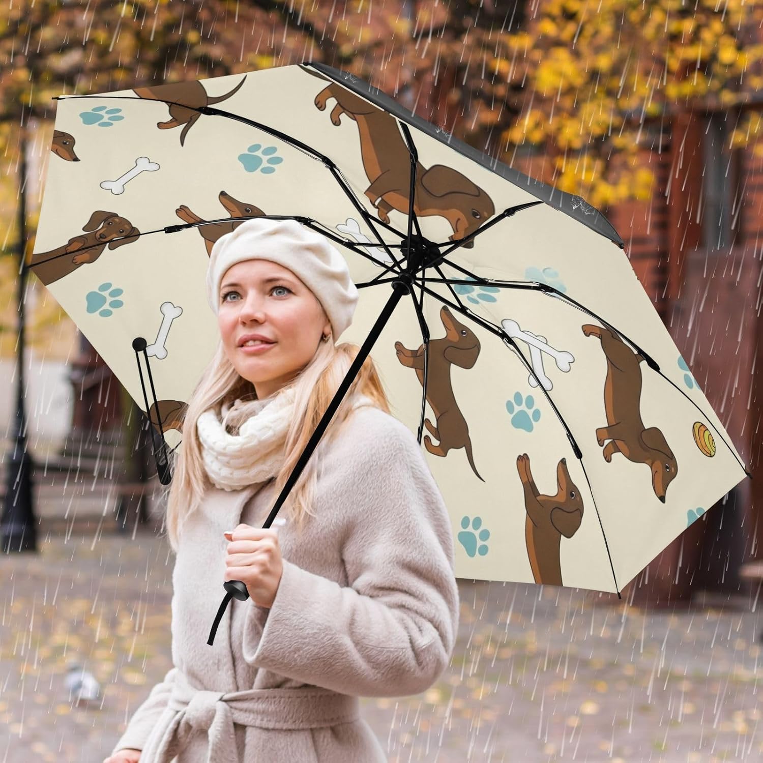 Umbrellas for Rain, Windproof Folding Umbrellas for Rain, Ideal for Car, Purse, Men and Women, Cute Dachshunds Dogs Cream