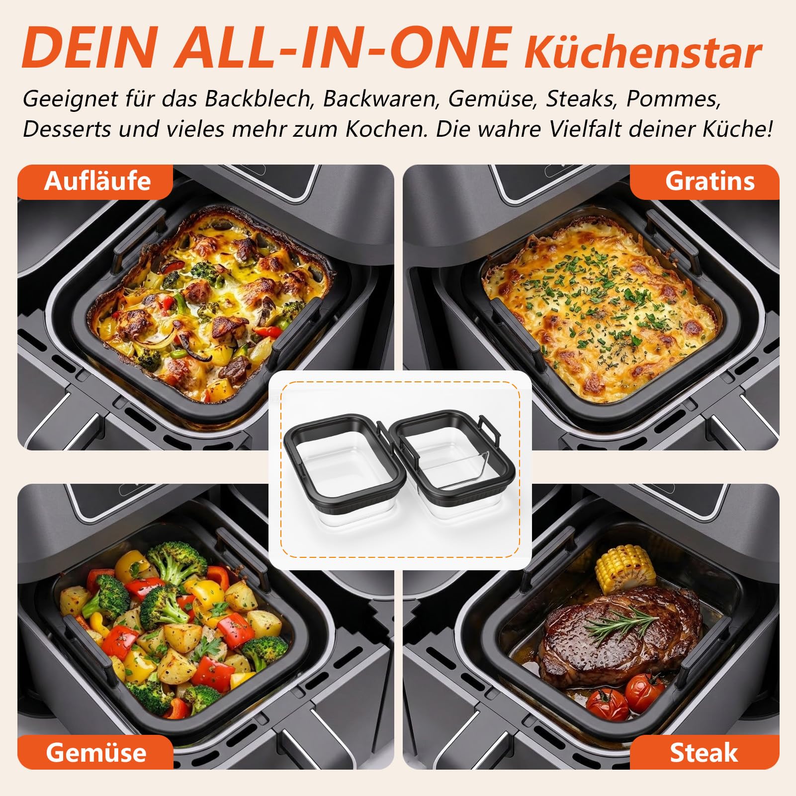 Szklane naczynie do zapiekania Airfryer, akcesoria pasujące do Ninja AF400EU/AF500EU/SL400EU/ SL400EU, 2 komory, nie zawiera BPA, odporne na wysokie temperatury, wyjmowane silikonowe