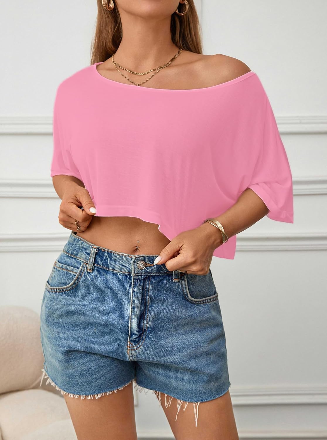 Women's Sheer Mesh Off Shoulder Crop Top See Through Short Sleeve Loose Fit Summer Tee Shirt for Beach Cover up - Image 3