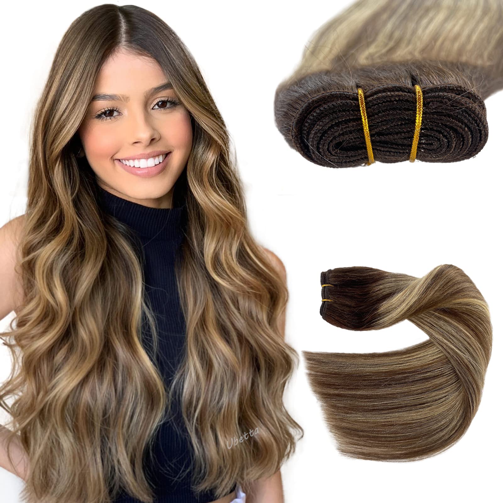 Real Human Hair Ombre Brown Balayage Blonde Hand Tied Sew in Weft Extensions - 22 Inch, 120G for Women