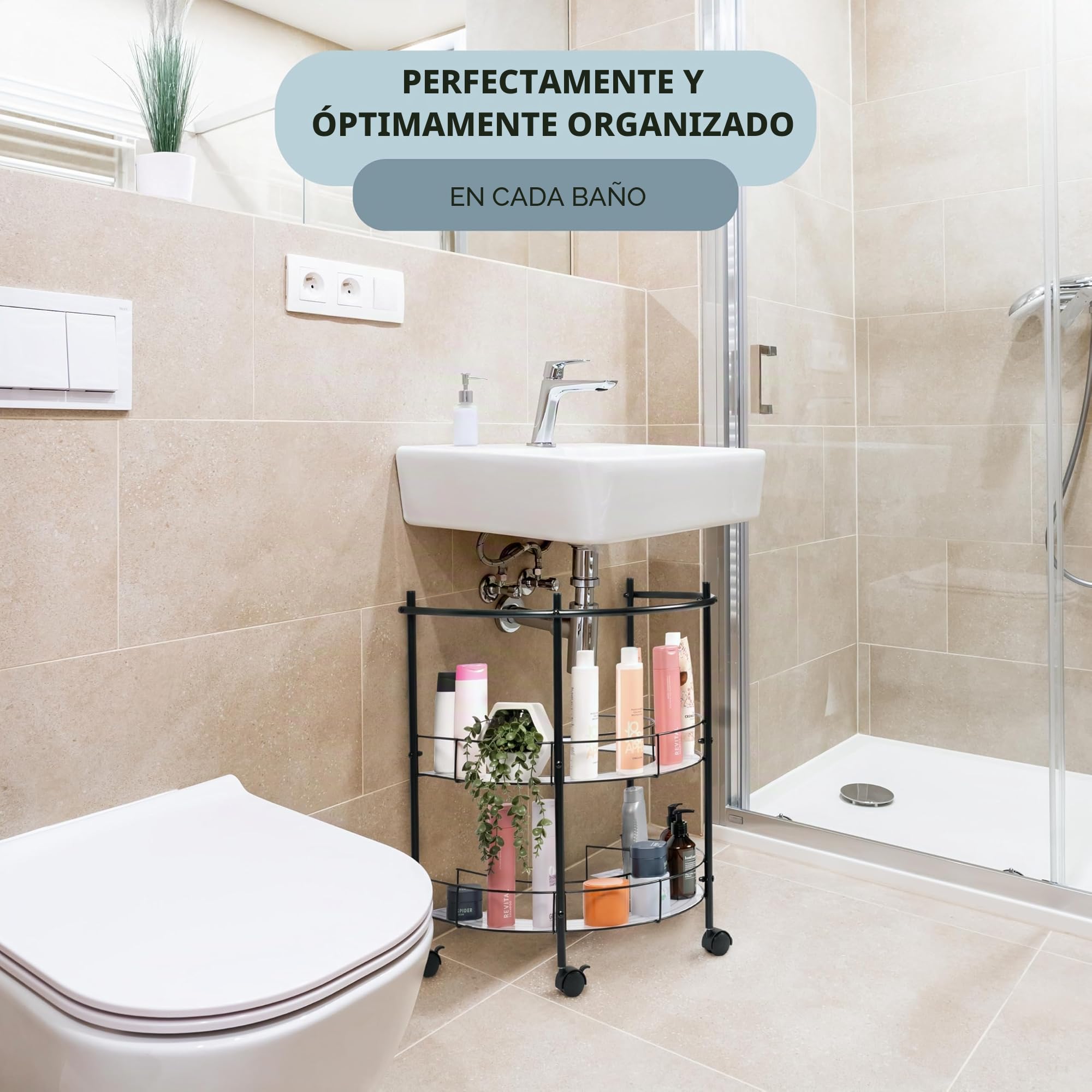 eluno Estantería inferior para lavabo con 2 estantes y 4 ruedas con bloqueo, ideal como toallero, armario para debajo del lavabo para utensilios de baño, de metal negro