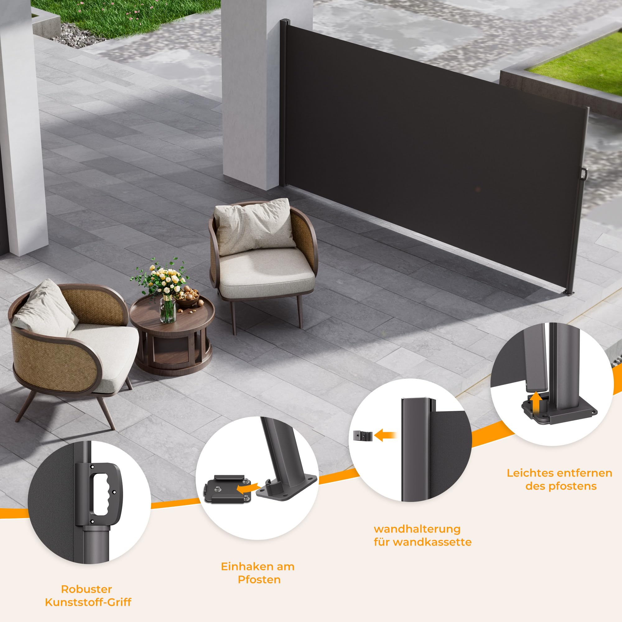HOMEDEMO Alu-Seitenmarkise ausziehbar, 180x400+20 cm Anthrazit, Sichtschutz Sonnenschutz Markise, Windschutz Wasserdicht Seitenzugmarkise, Seitenrollo für Balkon, Terrasse, Garten