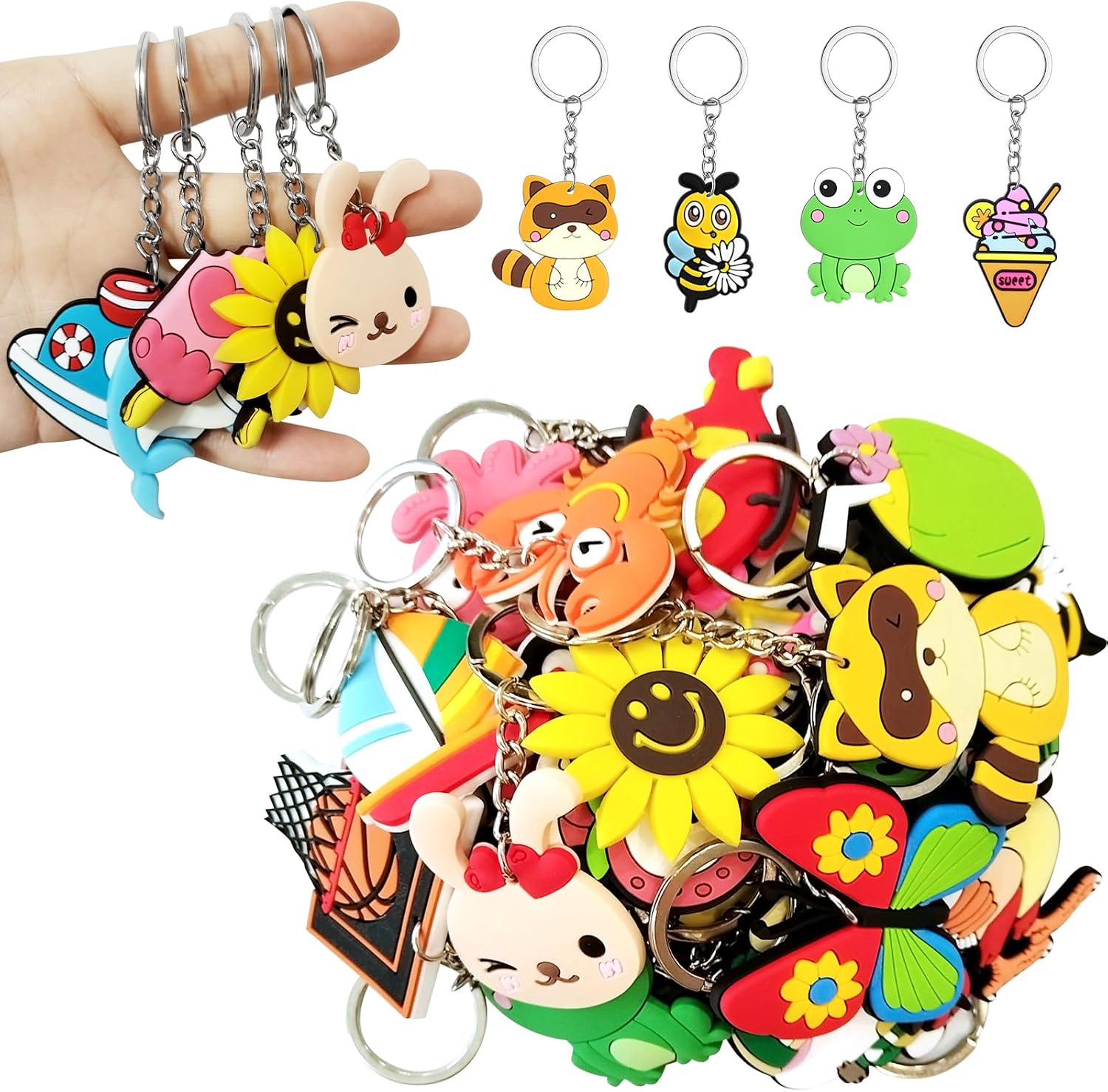 30pcs thicken Cute Bulk Keychains,Non-Repeat Cartoon Key Chains Backpack Charms for Classroom Prizes Holiday Gifts Party Favors