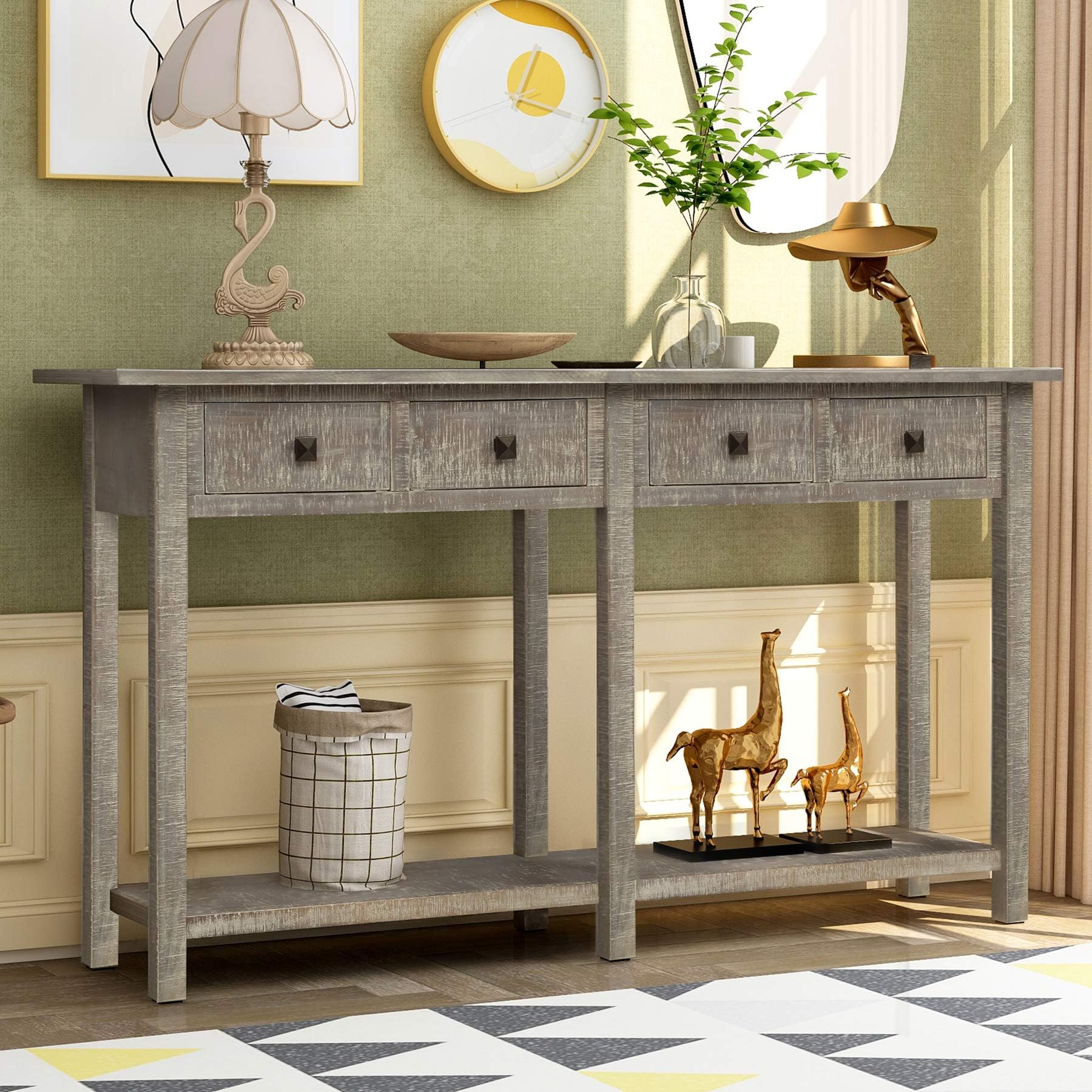 P PURLOVE Retro Console Table Sofa Table for Entryway with Drawers and Shelf Living Room Sideboard (Grey Wash)