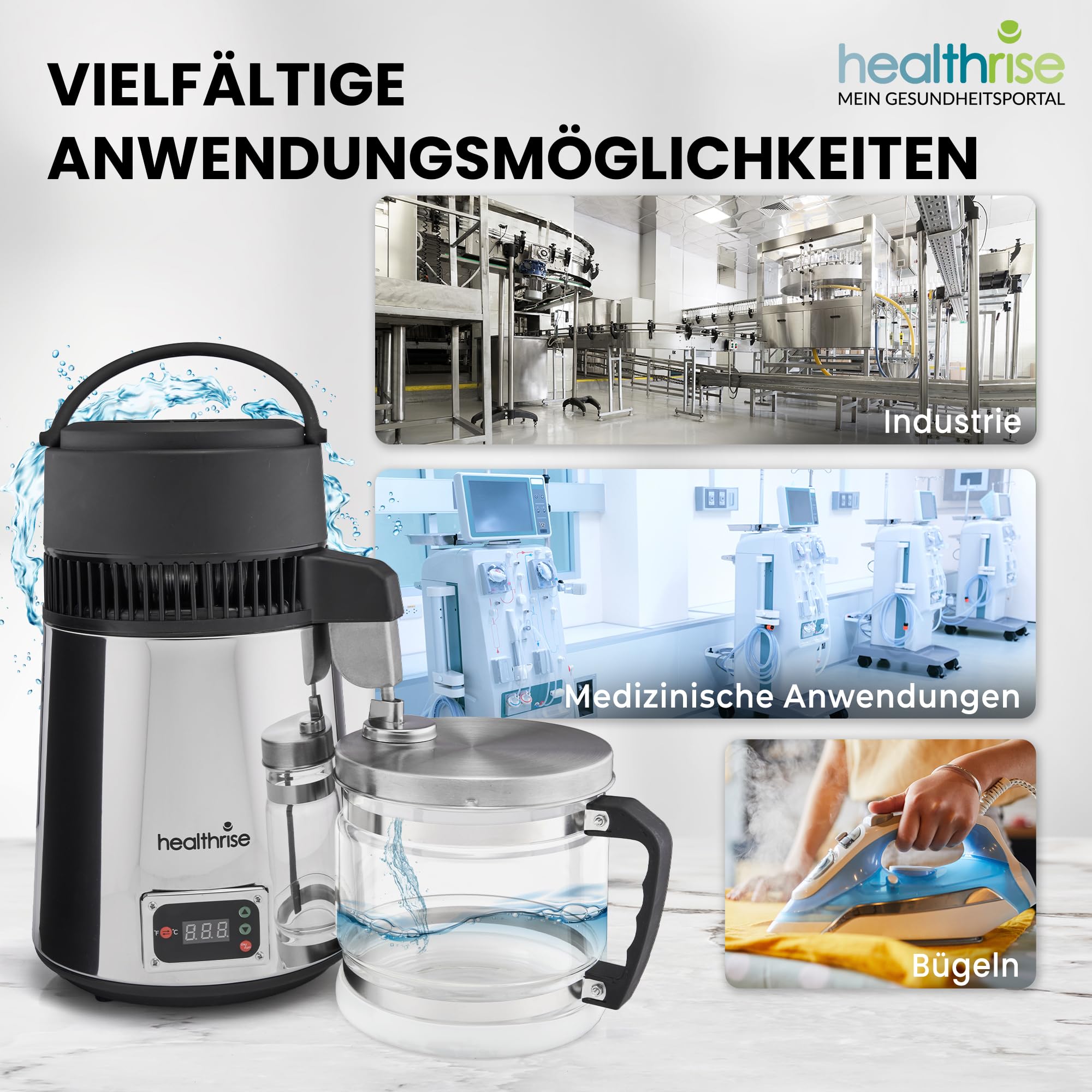 Health Rise Wasserdestilliergerät mit Deutscher Bedienungsanleitung, Servicehotline in Deutschland, Vollautomatisch, Sicher und Zuverlässig für Zuhause, Zahnklinik und Labor, 2 Jahre Garantie