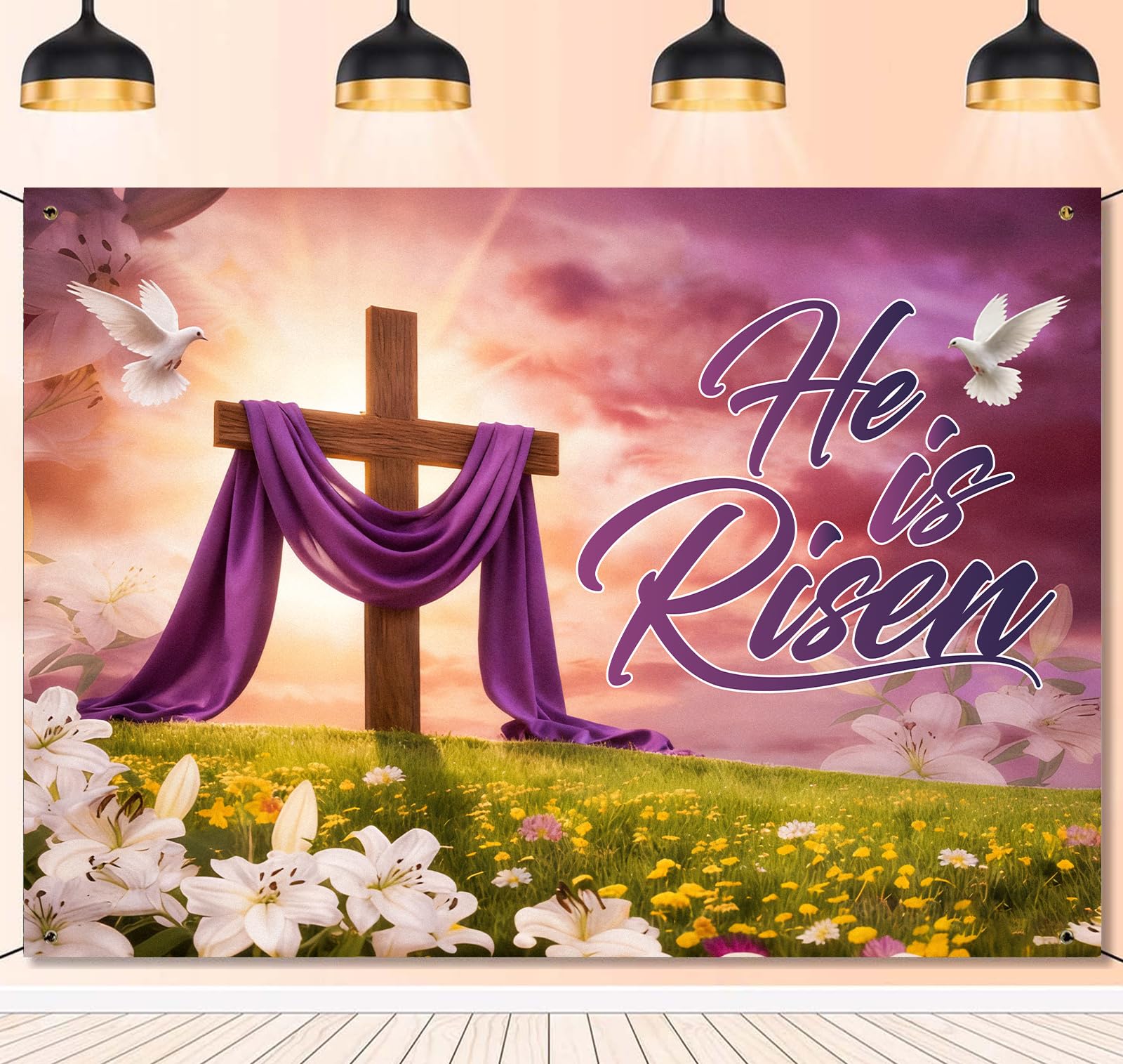 7x5ft Easter Backdrop He is Risen - Christian Religious Photography Background for Church, Sunday School, Easter Photo Booth Decor with Cross, Lilies and Dove