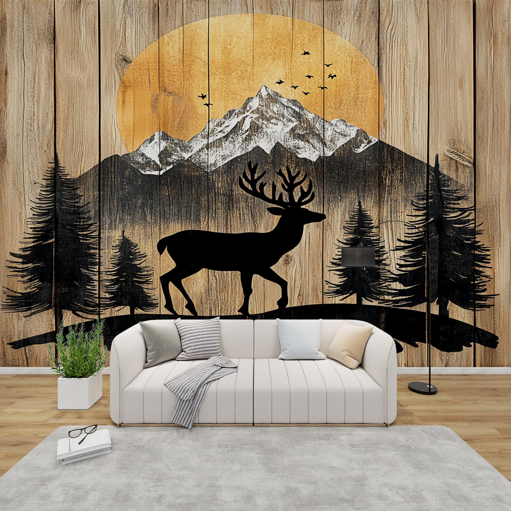 Papier peint panoramique cerf pour decoration murale de chambre et salon ambiance foret