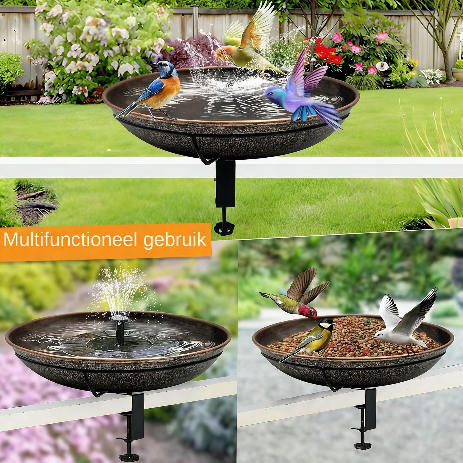 Bebedero para Pájaros de Montaje en Barandilla metálico con montaje en | Cuencos para pájaros para balcón exterior para Exterior, Patio, Terraza, Valla, Porche, Jardín