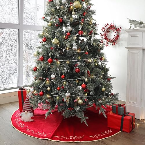 Miniatura 6 de Falda para árbol de Navidad, árbol de Navidad rojo de 60 pulgadas, faldas grandes de terciopelo rústico para árbol de Navidad, faldas de árbol