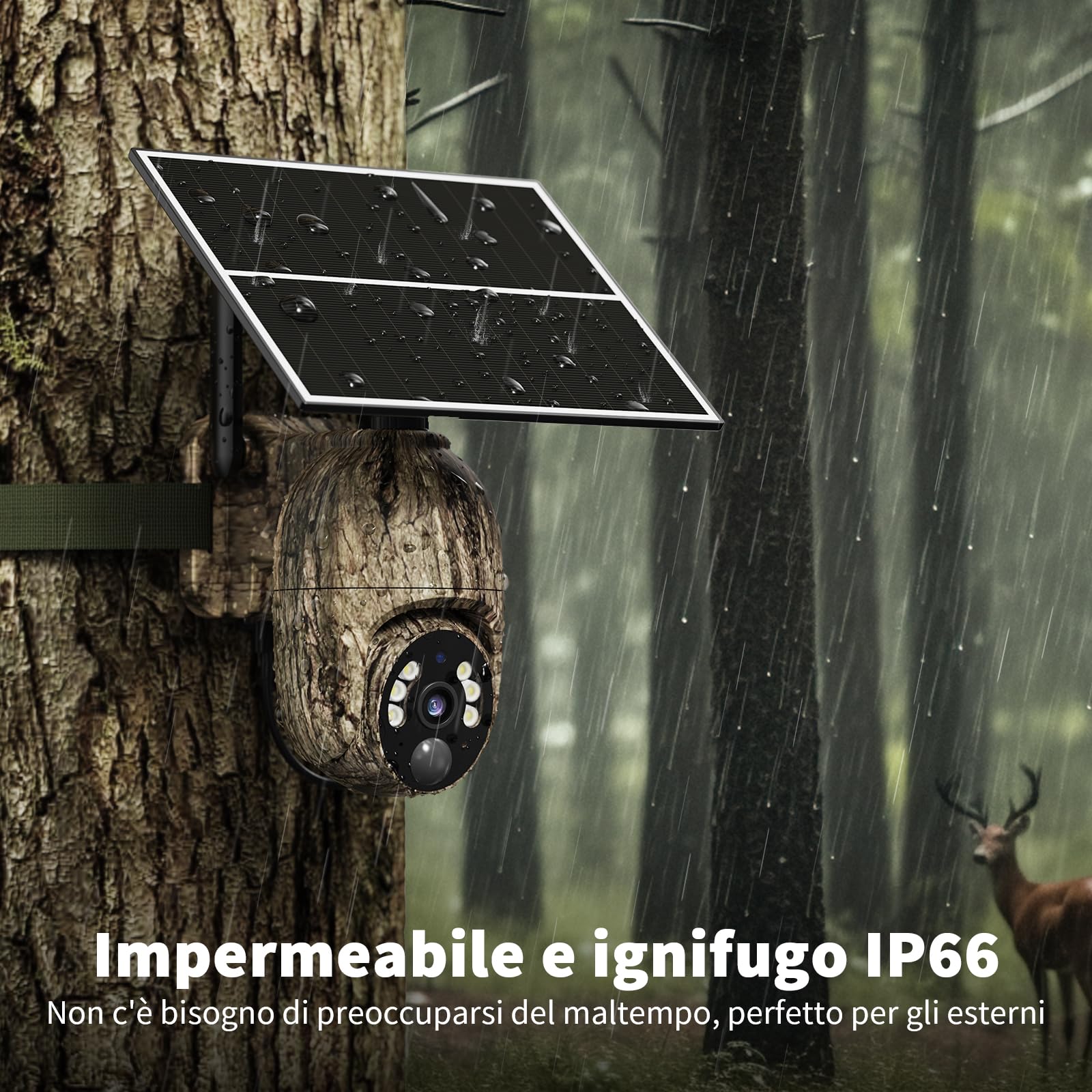 Fotocamera da Caccia 4G con SIM, 2K Telecamera Esterna con Pannello Solare e APP, 360° PTZ Fototrappola Infrarossi Invisibili, Visione Notturna a Colori, Audio a 2 Vie, Rilevamento Animali, IP66