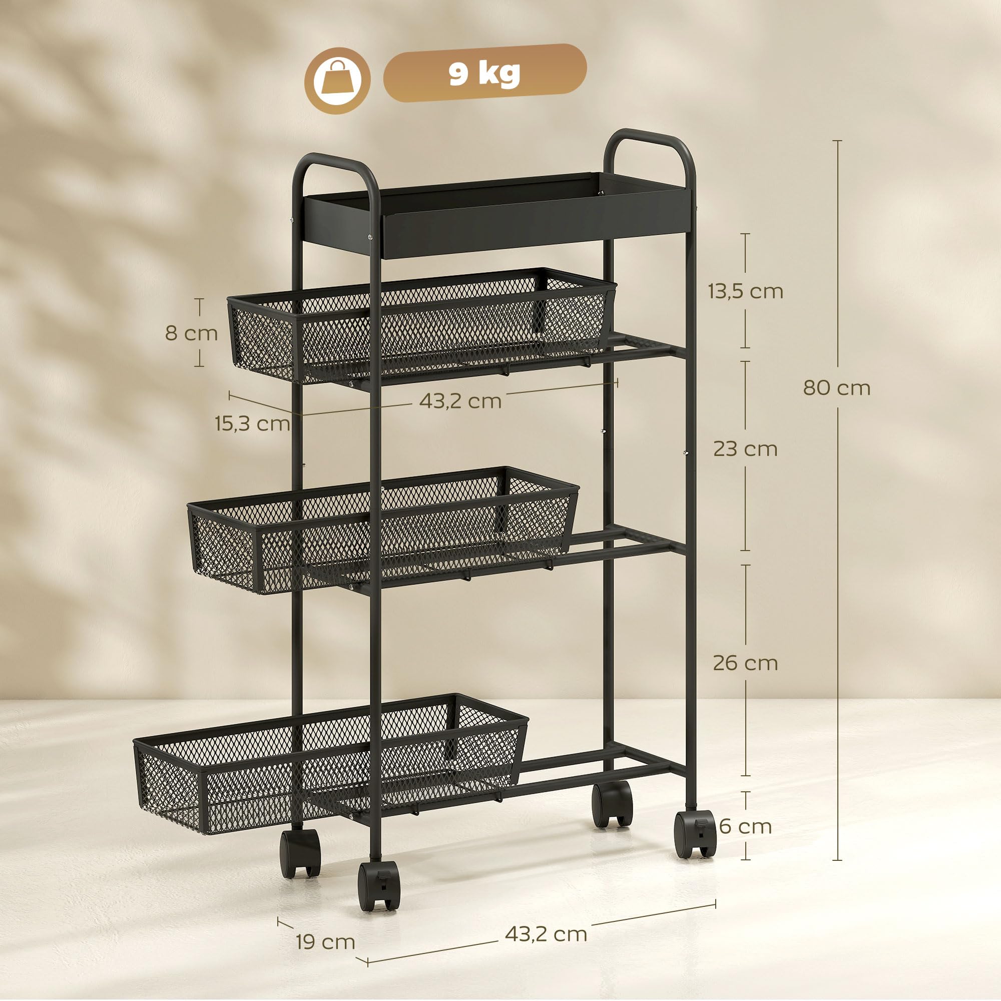 HOMCOM Chariot de rangement à 4 niveaux, 3 paniers coulissants, desserte à roulettes, panier supérieur et poignée, desserte cuisine multifonctionnel pour chambre, salon, bureau, 19 x 43,2 x 80 cm noir