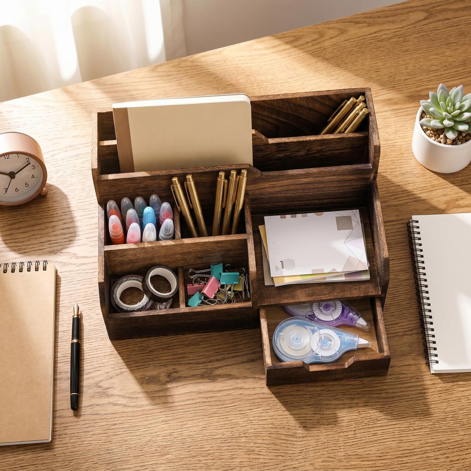 Pumtus Brauner Post-Organizer aus Holz, Schreibtisch-Organizer mit 7 Fächern und Schublade, rustikaler Briefsortierer mit Stifthalter, Tischbriefkorb, Bürozubehörhalter für Stiftdatei, Briefdokument